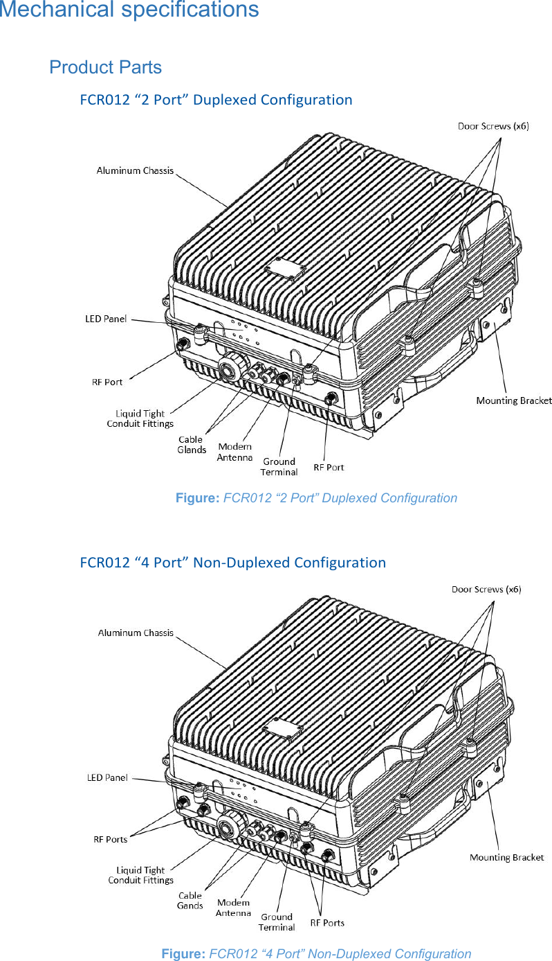 Mechanical specifications  Product Parts FCR012 “2 Port” Duplexed Configuration  Figure: FCR012 “2 Port” Duplexed Configuration  FCR012 “4 Port” Non-Duplexed Configuration  Figure: FCR012 “4 Port” Non-Duplexed Configuration  