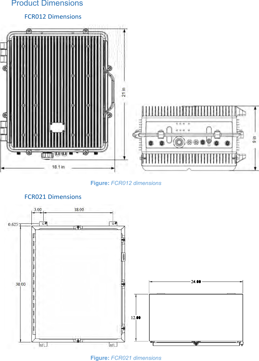 Product Dimensions FCR012 Dimensions  Figure: FCR012 dimensions FCR021 Dimensions  Figure: FCR021 dimensions   