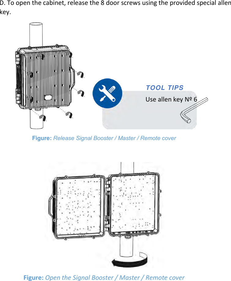 D. To open the cabinet, release the 8 door screws using the provided special allen key.        Figure: Release Signal Booster / Master / Remote cover   Figure: Open the Signal Booster / Master / Remote cover    TOOL TIPS Use allen key Nº 6 