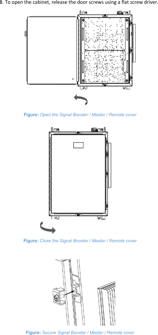 B. To open the cabinet, release the door screws using a flat screw driver.  Figure: Open the Signal Booster / Master / Remote cover  Figure: Close the Signal Booster / Master / Remote cover   Figure: Secure Signal Booster / Master / Remote cover  