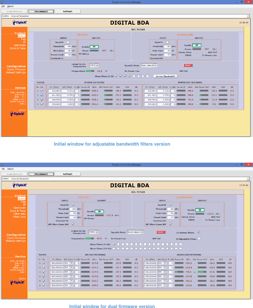  Initial window for adjustable bandwidth filters version   Initial window for dual firmware version   