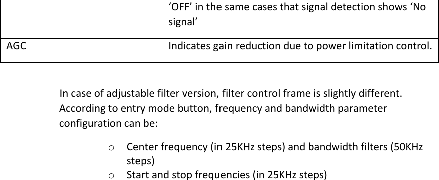 ‘OFF’ in the same cases that signal detection shows ‘No signal’ AGC Indicates gain reduction due to power limitation control.  In case of adjustable filter version, filter control frame is slightly different. According to entry mode button, frequency and bandwidth parameter configuration can be: o Center frequency (in 25KHz steps) and bandwidth filters (50KHz steps) o Start and stop frequencies (in 25KHz steps)     