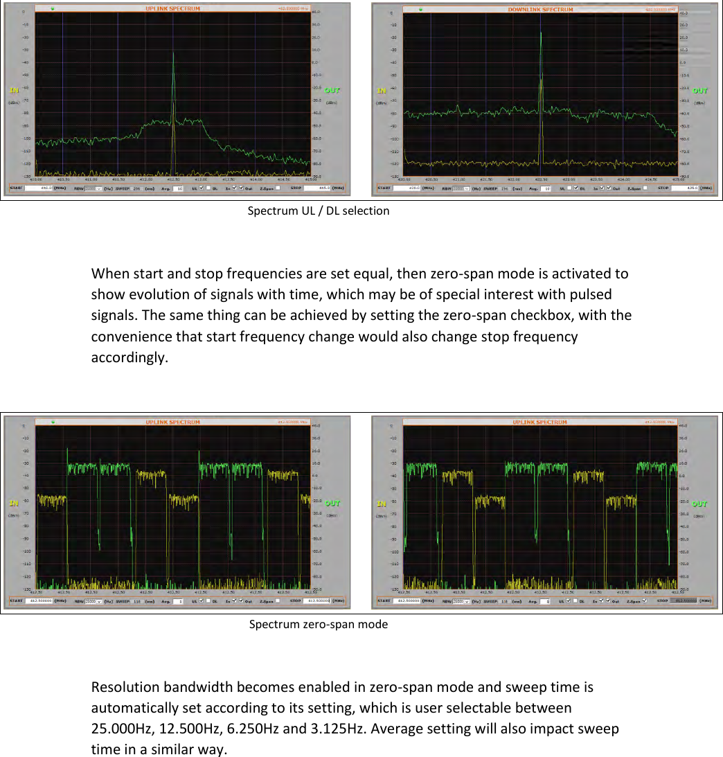   Spectrum UL / DL selection  When start and stop frequencies are set equal, then zero-span mode is activated to show evolution of signals with time, which may be of special interest with pulsed signals. The same thing can be achieved by setting the zero-span checkbox, with the convenience that start frequency change would also change stop frequency accordingly.   Spectrum zero-span mode  Resolution bandwidth becomes enabled in zero-span mode and sweep time is automatically set according to its setting, which is user selectable between 25.000Hz, 12.500Hz, 6.250Hz and 3.125Hz. Average setting will also impact sweep time in a similar way.  