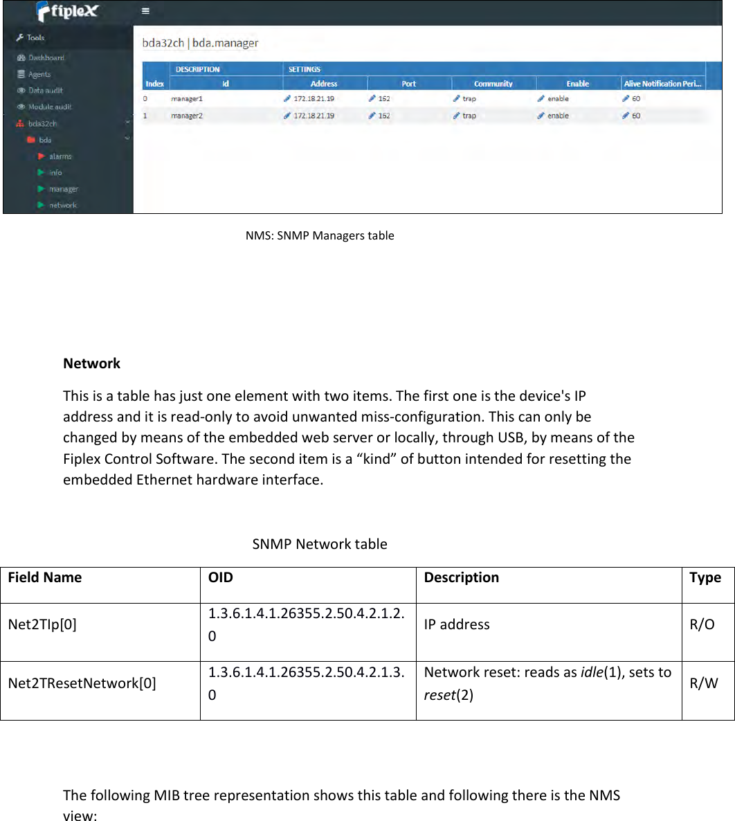  NMS: SNMP Managers table    Network This is a table has just one element with two items. The first one is the device&apos;s IP address and it is read-only to avoid unwanted miss-configuration. This can only be changed by means of the embedded web server or locally, through USB, by means of the Fiplex Control Software. The second item is a “kind” of button intended for resetting the embedded Ethernet hardware interface.  SNMP Network table Field Name OID Description Type Net2TIp[0] 1.3.6.1.4.1.26355.2.50.4.2.1.2.0 IP address R/O Net2TResetNetwork[0] 1.3.6.1.4.1.26355.2.50.4.2.1.3.0 Network reset: reads as idle(1), sets to reset(2) R/W   The following MIB tree representation shows this table and following there is the NMS view:  