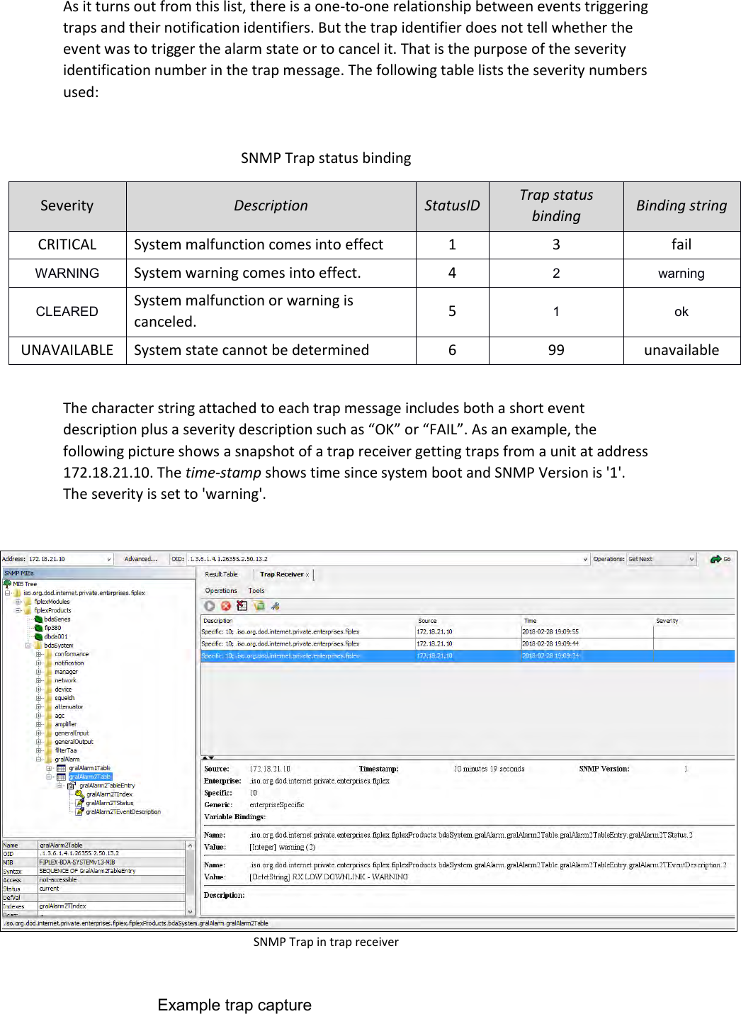 As it turns out from this list, there is a one-to-one relationship between events triggering traps and their notification identifiers. But the trap identifier does not tell whether the event was to trigger the alarm state or to cancel it. That is the purpose of the severity identification number in the trap message. The following table lists the severity numbers used:  SNMP Trap status binding Severity Description StatusID Trap status  binding Binding string CRITICAL System malfunction comes into effect 1 3 fail WARNING System warning comes into effect. 4 2 warning CLEARED System malfunction or warning is canceled. 5 1 ok UNAVAILABLE System state cannot be determined 6 99 unavailable  The character string attached to each trap message includes both a short event description plus a severity description such as “OK” or “FAIL”. As an example, the following picture shows a snapshot of a trap receiver getting traps from a unit at address 172.18.21.10. The time-stamp shows time since system boot and SNMP Version is &apos;1&apos;. The severity is set to &apos;warning&apos;.   SNMP Trap in trap receiver  Example trap capture  