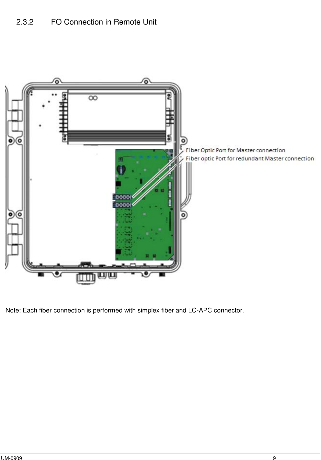  UM-0909  9      2.3.2    FO Connection in Remote Unit         Note: Each fiber connection is performed with simplex fiber and LC-APC connector.    