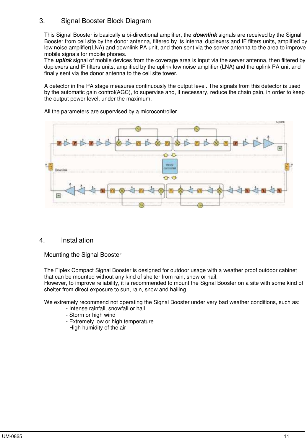   UM-0825     11 3.  Signal Booster Block Diagram  This Signal Booster is basically a bi-directional amplifier, the downlink signals are received by the Signal Booster from cell site by the donor antenna, filtered by its internal duplexers and IF filters units, amplified by low noise amplifier(LNA) and downlink PA unit, and then sent via the server antenna to the area to improve mobile signals for mobile phones. The uplink signal of mobile devices from the coverage area is input via the server antenna, then filtered by duplexers and IF filters units, amplified by the uplink low noise amplifier (LNA) and the uplink PA unit and finally sent via the donor antenna to the cell site tower.  A detector in the PA stage measures continuously the output level. The signals from this detector is used by the automatic gain control(AGC), to supervise and, if necessary, reduce the chain gain, in order to keep the output power level, under the maximum.  All the parameters are supervised by a microcontroller.       4.  Installation   Mounting the Signal Booster  The Fiplex Compact Signal Booster is designed for outdoor usage with a weather proof outdoor cabinet that can be mounted without any kind of shelter from rain, snow or hail. However, to improve reliability, it is recommended to mount the Signal Booster on a site with some kind of shelter from direct exposure to sun, rain, snow and hailing.   We extremely recommend not operating the Signal Booster under very bad weather conditions, such as:       - Intense rainfall, snowfall or hail - Storm or high wind - Extremely low or high temperature - High humidity of the air     