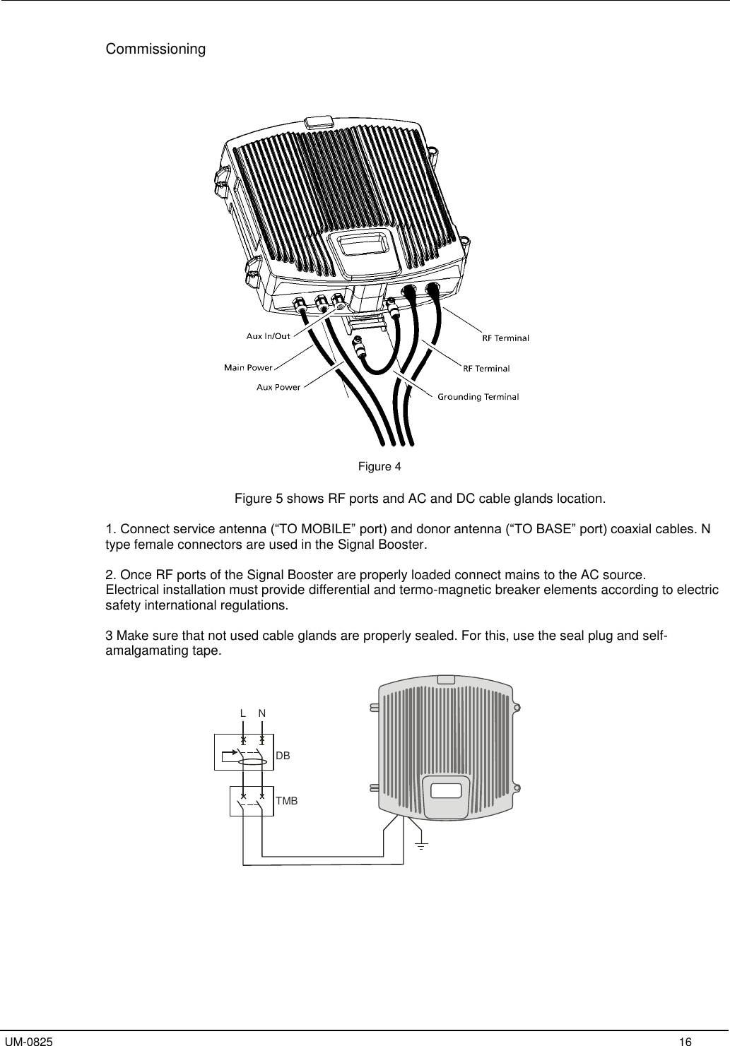   UM-0825     16 Commissioning      Figure 4  Figure 5 shows RF ports and AC and DC cable glands location.  1. Connect service antenna (“TO MOBILE” port) and donor antenna (“TO BASE” port) coaxial cables. N type female connectors are used in the Signal Booster.  2. Once RF ports of the Signal Booster are properly loaded connect mains to the AC source. Electrical installation must provide differential and termo-magnetic breaker elements according to electric safety international regulations.  3 Make sure that not used cable glands are properly sealed. For this, use the seal plug and self-amalgamating tape.  L NTMBDB               