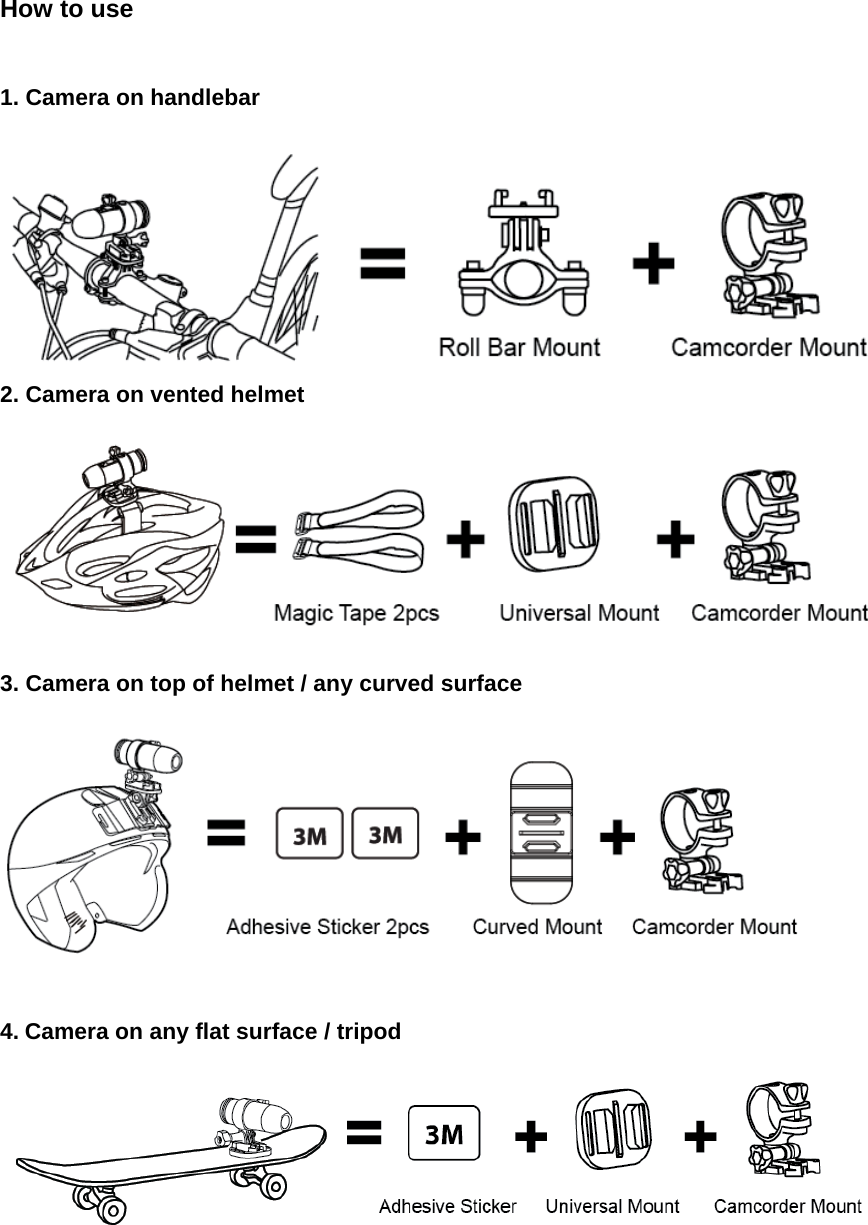 How to use   1. Camera on handlebar   2. Camera on vented helmet    3. Camera on top of helmet / any curved surface     4.Camera on any flat surface / tripod   
