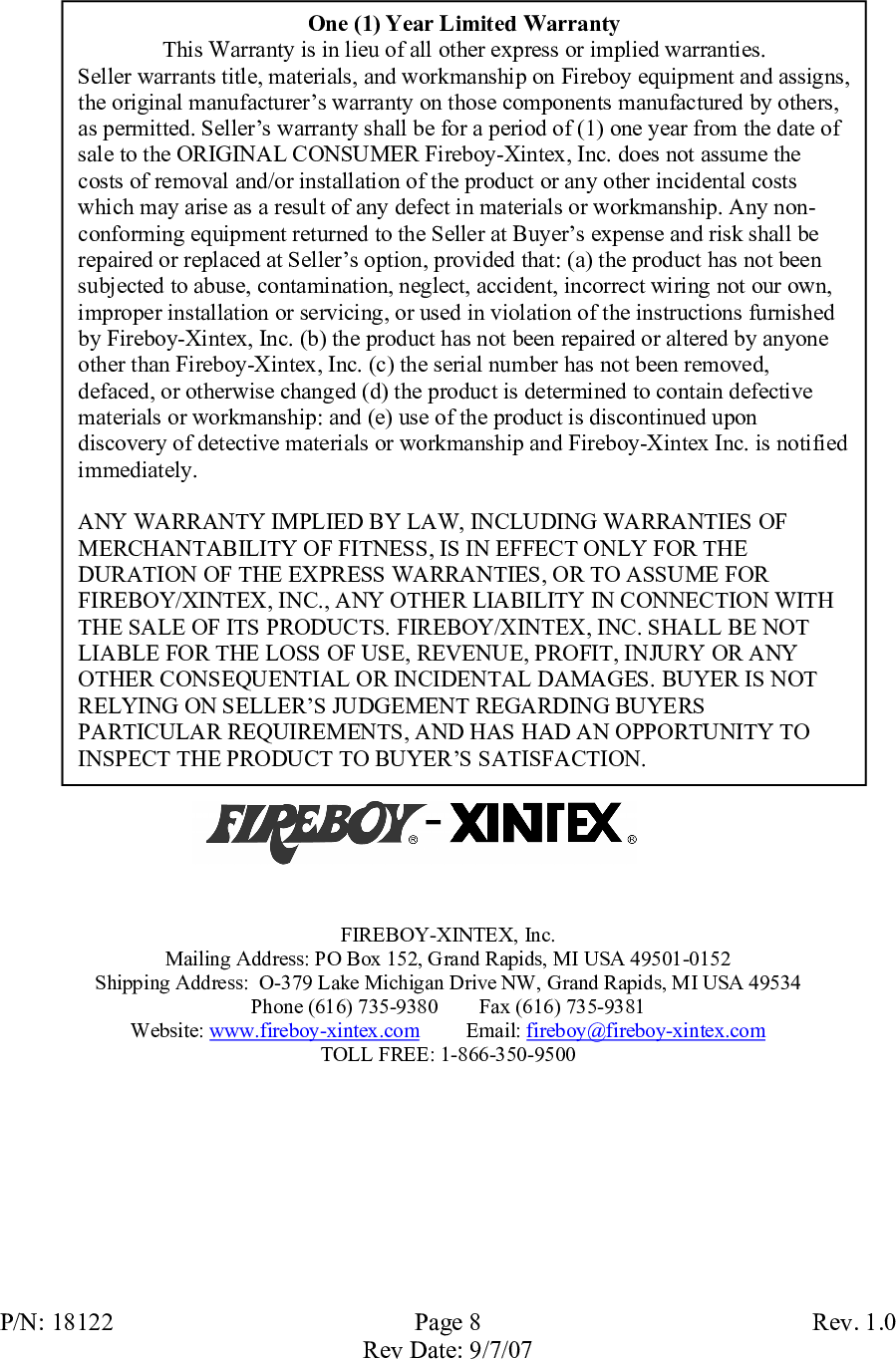 Page 9 of 9 - Fireboy-Xintex-Ltd Fireboy-Xintex-Ltd-S-2A-Users-Manual S-2A Owners Manual Rev 1.0