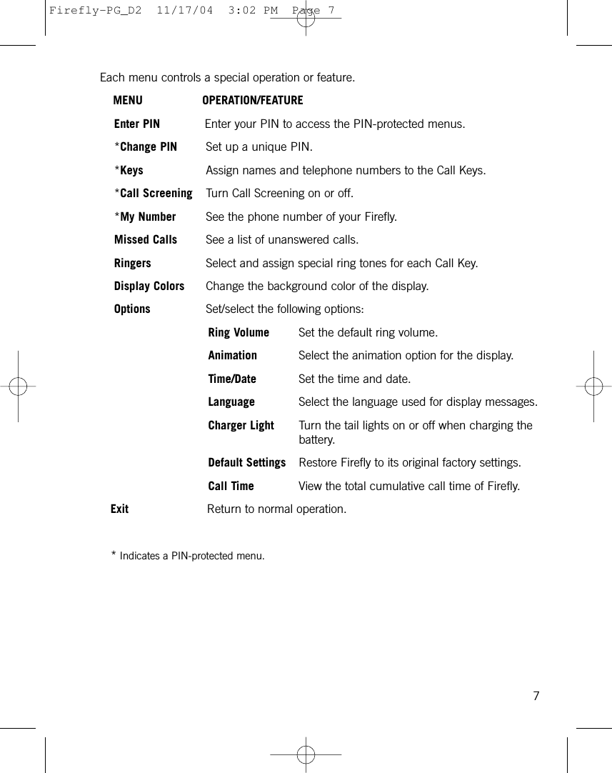Each menu controls a special operation or feature.MENU OPERATION/FEATUREEnter PIN Enter your PIN to access the PIN-protected menus.*Change PIN Set up a unique PIN. *Keys Assign names and telephone numbers to the Call Keys.*Call Screening Turn Call Screening on or off.*My Number See the phone number of your Firefly.Missed Calls See a list of unanswered calls.Ringers Select and assign special ring tones for each Call Key. Display Colors Change the background color of the display. Options Set/select the following options:Ring Volume Set the default ring volume.Animation Select the animation option for the display.Time/Date Set the time and date.Language Select the language used for display messages.Charger Light Turn the tail lights on or off when charging thebattery.Default Settings Restore Firefly to its original factory settings.Call Time View the total cumulative call time of Firefly.Exit Return to normal operation.*Indicates a PIN-protected menu.7Firefly-PG_D2  11/17/04  3:02 PM  Page 7