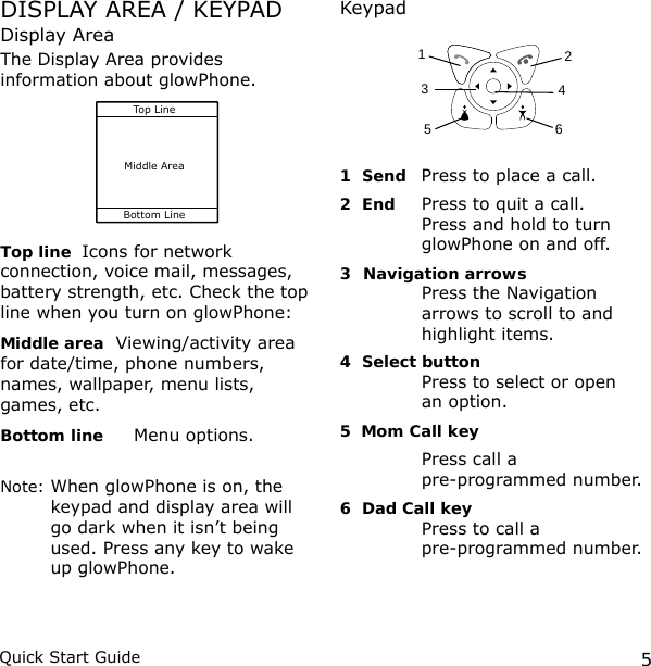 5Quick Start GuideDISPLAY AREA / KEYPADDisplay AreaThe Display Area provides information about glowPhone.Top LineMiddle AreaBottom LineTop line  Icons for network connection, voice mail, messages, battery strength, etc. Check the top line when you turn on glowPhone:Middle area  Viewing/activity area for date/time, phone numbers, names, wallpaper, menu lists, games, etc.Bottom line   Menu options.Note:  When glowPhone is on, the keypad and display area will go dark when it isn’t being used. Press any key to wake up glowPhone.Keypad1  Send  Press to place a call. 2  End   Press to quit a call. Press and hold to turn glowPhone on and off.3   Navigation arrows     Press the Navigation arrows to scroll to and highlight items.4  Select button      Press to select or open  an option.5  Mom Call key  Press call a  pre-programmed number. 6  Dad Call key   Press to call a  pre-programmed number.124653