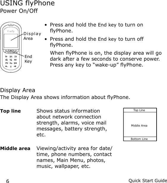 6Quick Start GuideUSING flyPhonePower On/OffPress and hold the End key to turn on yPhone.Press and hold the End key to turn off yPhone.When yPhone is on, the display area will go dark after a few seconds to conserve power. Press any key to “wake-up” yPhone.Display AreaThe Display Area shows information about yPhone.Top line   Shows status information about network connection strength, alarms, voice mail messages, battery strength, etc.Middle area   Viewing/activity area for date/time, phone numbers, contact names, Main Menu, photos, music, wallpaper, etc.••Top LineMiddle AreaBottom LineEnd KeyDi s pl ay Area