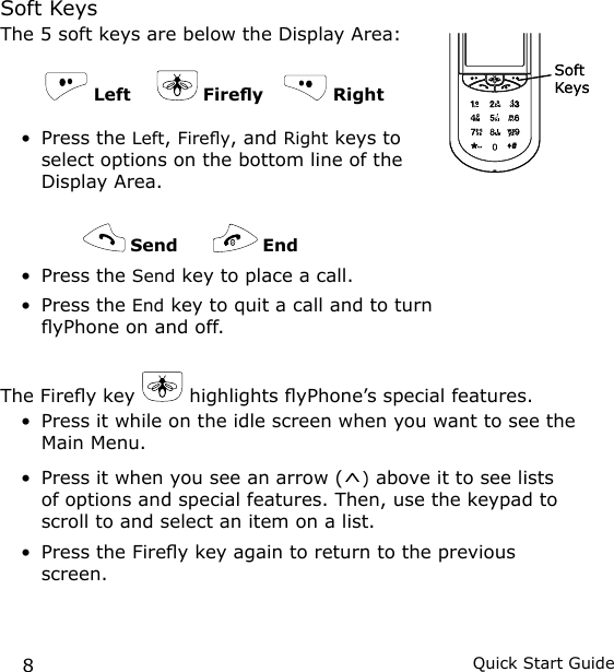 8Quick Start GuideSoft KeysThe 5 soft keys are below the Display Area:         Left      Firey      RightPress the Left, Firey, and Right keys to select options on the bottom line of the Display Area.   Send         EndPress the Send key to place a call. Press the End key to quit a call and to turn yPhone on and off.The Firey key   highlights yPhone’s special features.Press it while on the idle screen when you want to see the Main Menu. Press it when you see an arrow (^) above it to see lists of options and special features. Then, use the keypad to scroll to and select an item on a list.Press the Firey key again to return to the previous screen.••••••Soft KeysSoft Keys