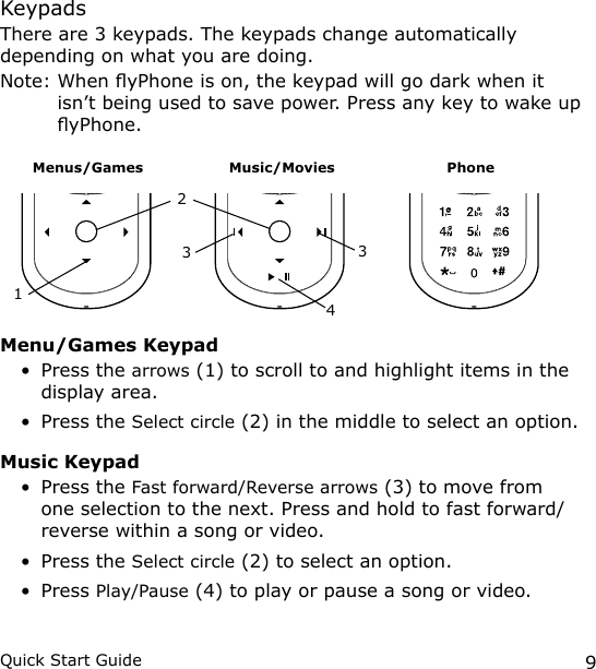 9Quick Start GuideKeypadsThere are 3 keypads. The keypads change automatically depending on what you are doing.Note:  When yPhone is on, the keypad will go dark when it isn’t being used to save power. Press any key to wake up yPhone.       Menus/Games                Music/Movies                        Phone 12334Menu/Games KeypadPress the arrows (1) to scroll to and highlight items in the display area.Press the Select circle (2) in the middle to select an option.Music KeypadPress the Fast forward/Reverse arrows (3) to move from one selection to the next. Press and hold to fast forward/reverse within a song or video. Press the Select circle (2) to select an option.Press Play/Pause (4) to play or pause a song or video.•••••