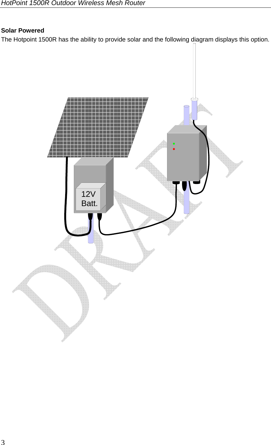 HotPoint 1500R Outdoor Wireless Mesh Router 3 Solar Powered The Hotpoint 1500R has the ability to provide solar and the following diagram displays this option.  12V  Batt. 