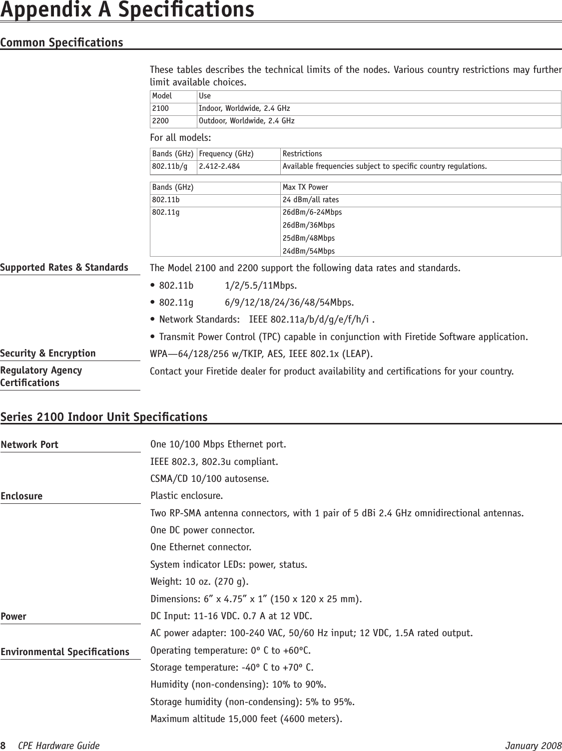 8    CPE Hardware Guide  January 2008 Appendix A Specications  These tables describes the technical limits of the nodes. Various country restrictions may further limit available choices. Model Use2100 Indoor, Worldwide, 2.4 GHz2200 Outdoor, Worldwide, 2.4 GHz  For all models:Bands (GHz) Frequency (GHz) Restrictions802.11b/g 2.412-2.484 Available frequencies subject to specic country regulations.Bands (GHz) Max TX Power802.11b 24 dBm/all rates802.11g 26dBm/6-24Mbps26dBm/36Mbps25dBm/48Mbps24dBm/54MbpsSupported Rates &amp; Standards   The Model 2100 and 2200 support the following data rates and standards.802.11b  1/2/5.5/11Mbps. •802.11g  6/9/12/18/24/36/48/54Mbps. •Network Standards:   IEEE 802.11a/b/d/g/e/f/h/i .•Transmit Power Control (TPC) capable in conjunction with Firetide Software application.•Security &amp; Encryption   WPA—64/128/256 w/TKIP, AES, IEEE 802.1x (LEAP).Regulatory Agency Certications  Contact your Firetide dealer for product availability and certications for your country. Common SpecicationsSeries 2100 Indoor Unit SpecicationsNetwork Port   One 10/100 Mbps Ethernet port.  IEEE 802.3, 802.3u compliant.  CSMA/CD 10/100 autosense.Enclosure   Plastic enclosure.  Two RP-SMA antenna connectors, with 1 pair of 5 dBi 2.4 GHz omnidirectional antennas.   One DC power connector.  One Ethernet connector.  System indicator LEDs: power, status.  Weight: 10 oz. (270 g).  Dimensions: 6” x 4.75” x 1” (150 x 120 x 25 mm).Power   DC Input: 11-16 VDC. 0.7 A at 12 VDC.   AC power adapter: 100-240 VAC, 50/60 Hz input; 12 VDC, 1.5A rated output.Environmental Specications   Operating temperature: 0º C to +60ºC.  Storage temperature: -40º C to +70º C.  Humidity (non-condensing): 10% to 90%.  Storage humidity (non-condensing): 5% to 95%.  Maximum altitude 15,000 feet (4600 meters).