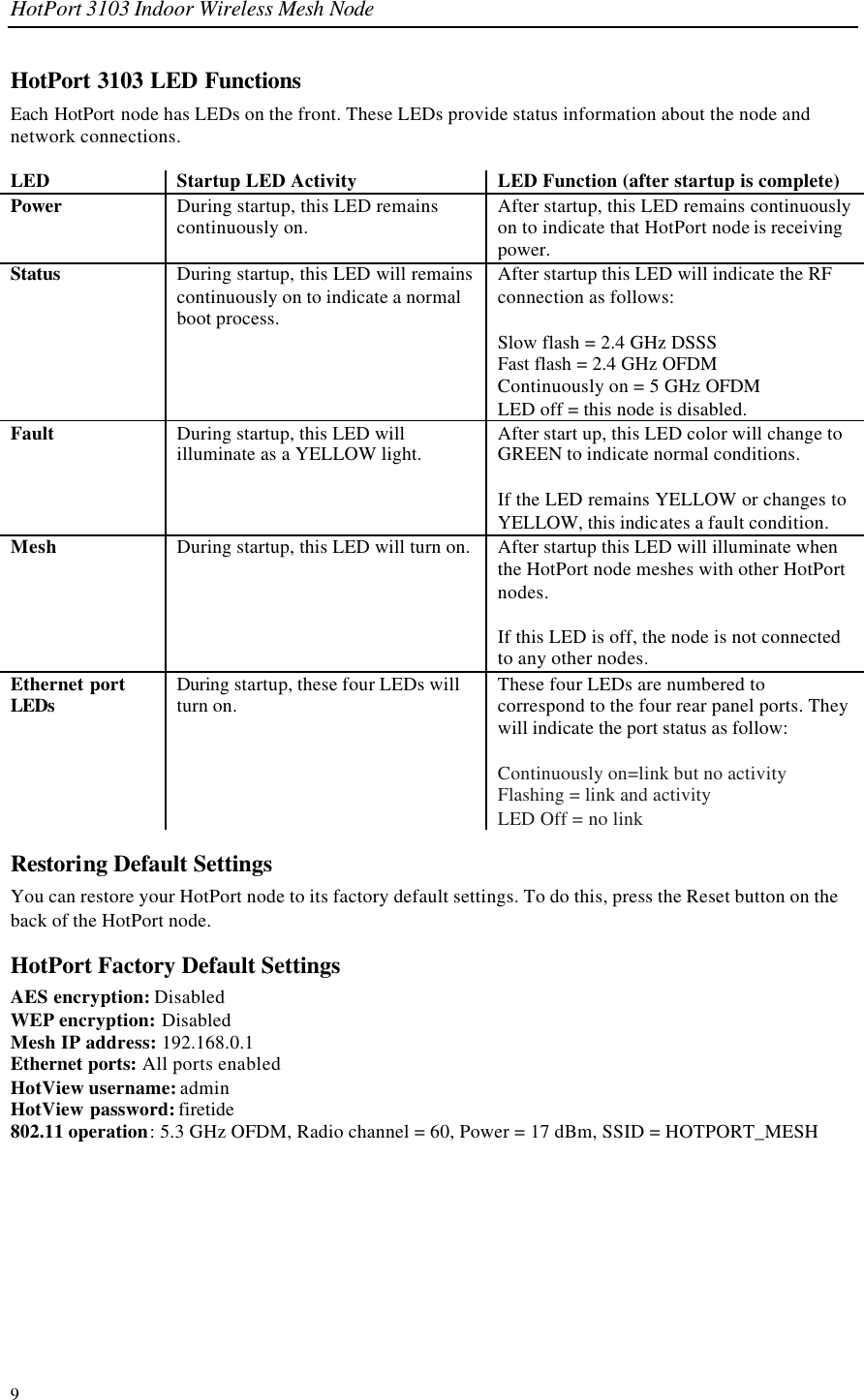 HotPort 3103 Indoor Wireless Mesh Node 9 HotPort 3103 LED Functions Each HotPort node has LEDs on the front. These LEDs provide status information about the node and network connections.  LED Startup LED Activity LED Function (after startup is complete) Power During startup, this LED remains continuously on.  After startup, this LED remains continuously on to indicate that HotPort node is receiving power.  Status During startup, this LED will remains continuously on to indicate a normal boot process.  After startup this LED will indicate the RF connection as follows:  Slow flash = 2.4 GHz DSSS Fast flash = 2.4 GHz OFDM  Continuously on = 5 GHz OFDM  LED off = this node is disabled. Fault During startup, this LED will illuminate as a YELLOW light. After start up, this LED color will change to GREEN to indicate normal conditions.   If the LED remains YELLOW or changes to YELLOW, this indicates a fault condition.  Mesh During startup, this LED will turn on. After startup this LED will illuminate when the HotPort node meshes with other HotPort nodes.   If this LED is off, the node is not connected to any other nodes. Ethernet port LEDs During startup, these four LEDs will turn on.  These four LEDs are numbered to correspond to the four rear panel ports. They will indicate the port status as follow:   Continuously on=link but no activity Flashing = link and activity LED Off = no link Restoring Default Settings You can restore your HotPort node to its factory default settings. To do this, press the Reset button on the back of the HotPort node.  HotPort Factory Default Settings AES encryption: Disabled WEP encryption: Disabled Mesh IP address: 192.168.0.1 Ethernet ports: All ports enabled HotView username: admin HotView password: firetide 802.11 operation: 5.3 GHz OFDM, Radio channel = 60, Power = 17 dBm, SSID = HOTPORT_MESH 