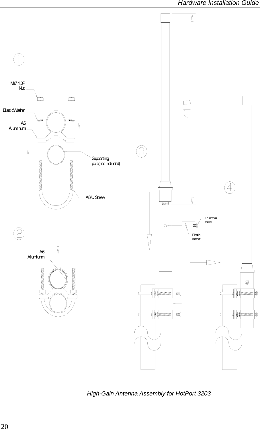 Hardware Installation Guide  20                      High-Gain Antenna Assembly for HotPort 3203 A6 AlumiunmA6 Al umi numEl ast i cWasherM6*1.0P NutSuppor ti ng pol e(not  i ncl uded)A6 U ScrewEl sat i c washerCr i ssc r oss scr ew