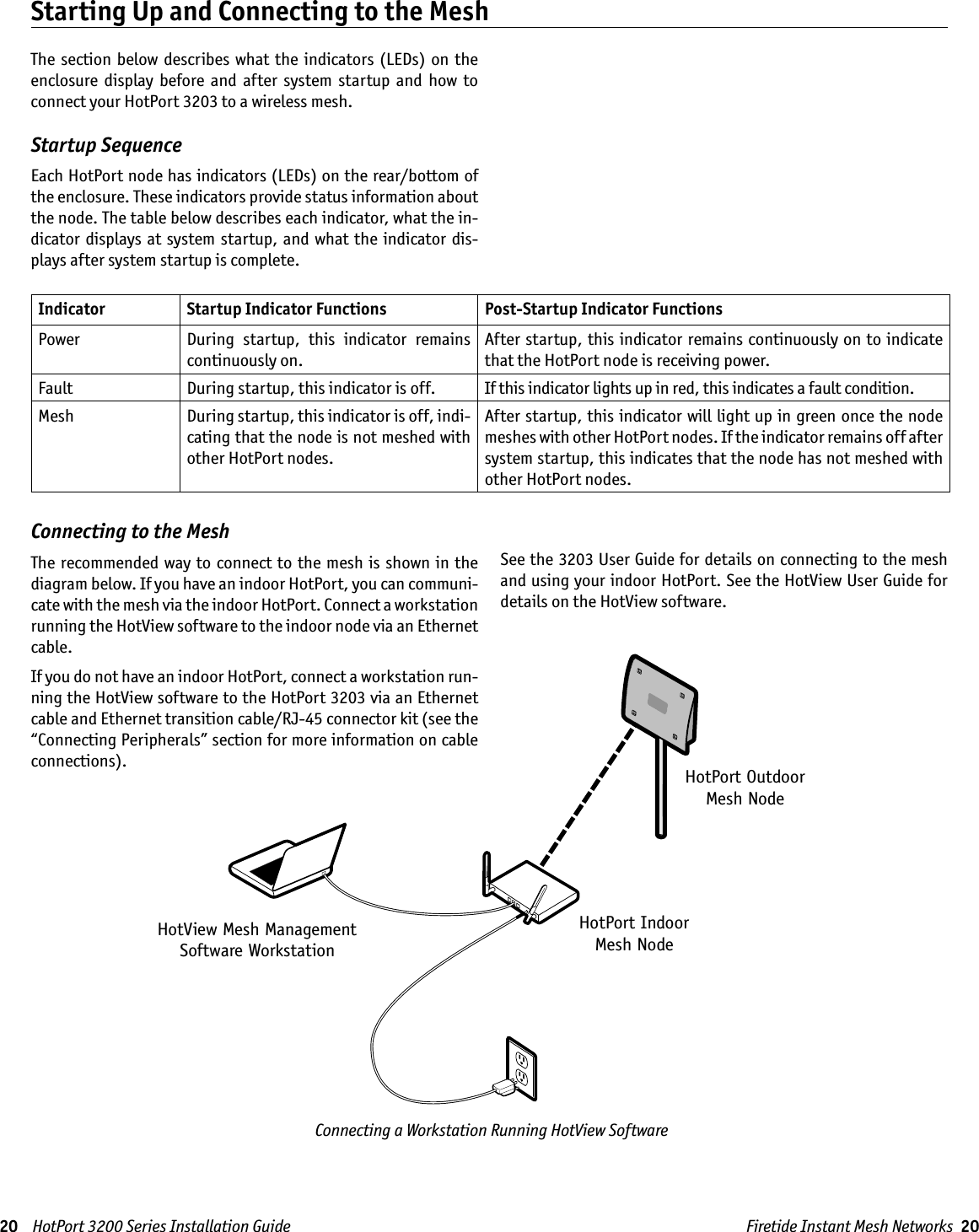 20    HotPort 3200 Series Installation Guide Firetide Instant Mesh Networks  20The  section  below  describes what  the  indicators  (LEDs)  on the enclosure  display  before  and  after  system  startup  and  how  to connect your HotPort 3203 to a wireless mesh.Startup SequenceEach HotPort node has indicators (LEDs) on the rear/bottom of the enclosure. These indicators provide status information about the node. The table below describes each indicator, what the in-dicator  displays  at  system startup,  and  what the indicator  dis-plays after system startup is complete.Starting Up and Connecting to the MeshConnecting to the MeshThe recommended way to connect to the  mesh  is  shown in the diagram below. If you have an indoor HotPort, you can communi-cate with the mesh via the indoor HotPort. Connect a workstation running the HotView software to the indoor node via an Ethernet cable.If you do not have an indoor HotPort, connect a workstation run-ning the HotView software to the HotPort 3203 via an Ethernet cable and Ethernet transition cable/RJ-45 connector kit (see the “Connecting Peripherals” section for more information on cable connections). See the 3203 User Guide for details on connecting to the mesh and using your indoor HotPort. See the HotView User Guide for details on the HotView software.Indicator Startup Indicator Functions Post-Startup Indicator Functions Power During  startup,  this  indicator  remains continuously on. After startup, this indicator remains continuously on to indicate that the HotPort node is receiving power. Fault During startup, this indicator is off. If this indicator lights up in red, this indicates a fault condition. Mesh During startup, this indicator is off, indi-cating that the node is not meshed with other HotPort nodes. After startup, this indicator will light up in green once the node meshes with other HotPort nodes. If the indicator remains off after system startup, this indicates that the node has not meshed with other HotPort nodes.Connecting a Workstation Running HotView Software