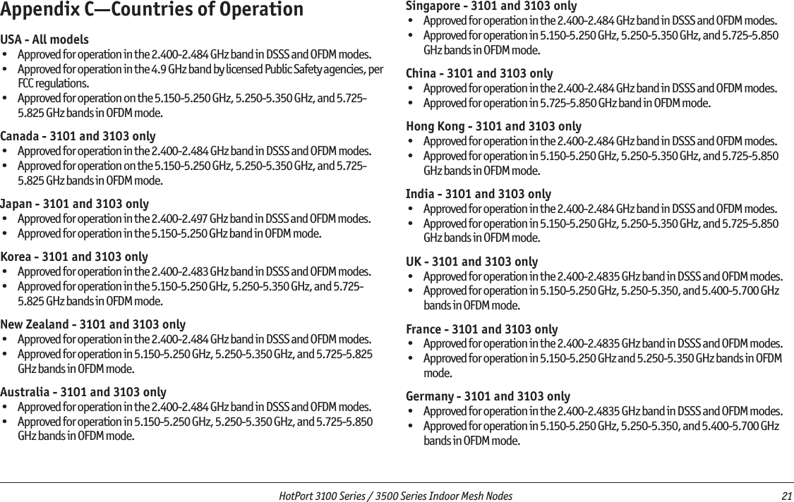  HotPort 3100 Series / 3500 Series Indoor Mesh Nodes  21 Appendix C—Countries of OperationUSA - All models•  Approved for operation in the 2.400-2.484 GHz band in DSSS and OFDM modes.•  Approved for operation in the 4.9 GHz band by licensed Public Safety agencies, per FCC regulations.•  Approved for operation on the 5.150-5.250 GHz, 5.250-5.350 GHz, and 5.725-5.825 GHz bands in OFDM mode. Canada - 3101 and 3103 only•  Approved for operation in the 2.400-2.484 GHz band in DSSS and OFDM modes.•  Approved for operation on the 5.150-5.250 GHz, 5.250-5.350 GHz, and 5.725-5.825 GHz bands in OFDM mode. Japan - 3101 and 3103 only•  Approved for operation in the 2.400-2.497 GHz band in DSSS and OFDM modes.•  Approved for operation in the 5.150-5.250 GHz band in OFDM mode. Korea - 3101 and 3103 only•  Approved for operation in the 2.400-2.483 GHz band in DSSS and OFDM modes.•  Approved for operation in the 5.150-5.250 GHz, 5.250-5.350 GHz, and 5.725-5.825 GHz bands in OFDM mode. New Zealand - 3101 and 3103 only•  Approved for operation in the 2.400-2.484 GHz band in DSSS and OFDM modes.•  Approved for operation in 5.150-5.250 GHz, 5.250-5.350 GHz, and 5.725-5.825 GHz bands in OFDM mode.Australia - 3101 and 3103 only•  Approved for operation in the 2.400-2.484 GHz band in DSSS and OFDM modes.•  Approved for operation in 5.150-5.250 GHz, 5.250-5.350 GHz, and 5.725-5.850 GHz bands in OFDM mode.Singapore - 3101 and 3103 only•  Approved for operation in the 2.400-2.484 GHz band in DSSS and OFDM modes.•  Approved for operation in 5.150-5.250 GHz, 5.250-5.350 GHz, and 5.725-5.850 GHz bands in OFDM mode.China - 3101 and 3103 only•  Approved for operation in the 2.400-2.484 GHz band in DSSS and OFDM modes.•  Approved for operation in 5.725-5.850 GHz band in OFDM mode.Hong Kong - 3101 and 3103 only•  Approved for operation in the 2.400-2.484 GHz band in DSSS and OFDM modes.•  Approved for operation in 5.150-5.250 GHz, 5.250-5.350 GHz, and 5.725-5.850 GHz bands in OFDM mode.India - 3101 and 3103 only•  Approved for operation in the 2.400-2.484 GHz band in DSSS and OFDM modes.•  Approved for operation in 5.150-5.250 GHz, 5.250-5.350 GHz, and 5.725-5.850 GHz bands in OFDM mode.UK - 3101 and 3103 only•  Approved for operation in the 2.400-2.4835 GHz band in DSSS and OFDM modes.•  Approved for operation in 5.150-5.250 GHz, 5.250-5.350, and 5.400-5.700 GHz bands in OFDM mode.France - 3101 and 3103 only•  Approved for operation in the 2.400-2.4835 GHz band in DSSS and OFDM modes.•  Approved for operation in 5.150-5.250 GHz and 5.250-5.350 GHz bands in OFDM mode.Germany - 3101 and 3103 only•  Approved for operation in the 2.400-2.4835 GHz band in DSSS and OFDM modes.•  Approved for operation in 5.150-5.250 GHz, 5.250-5.350, and 5.400-5.700 GHz bands in OFDM mode.