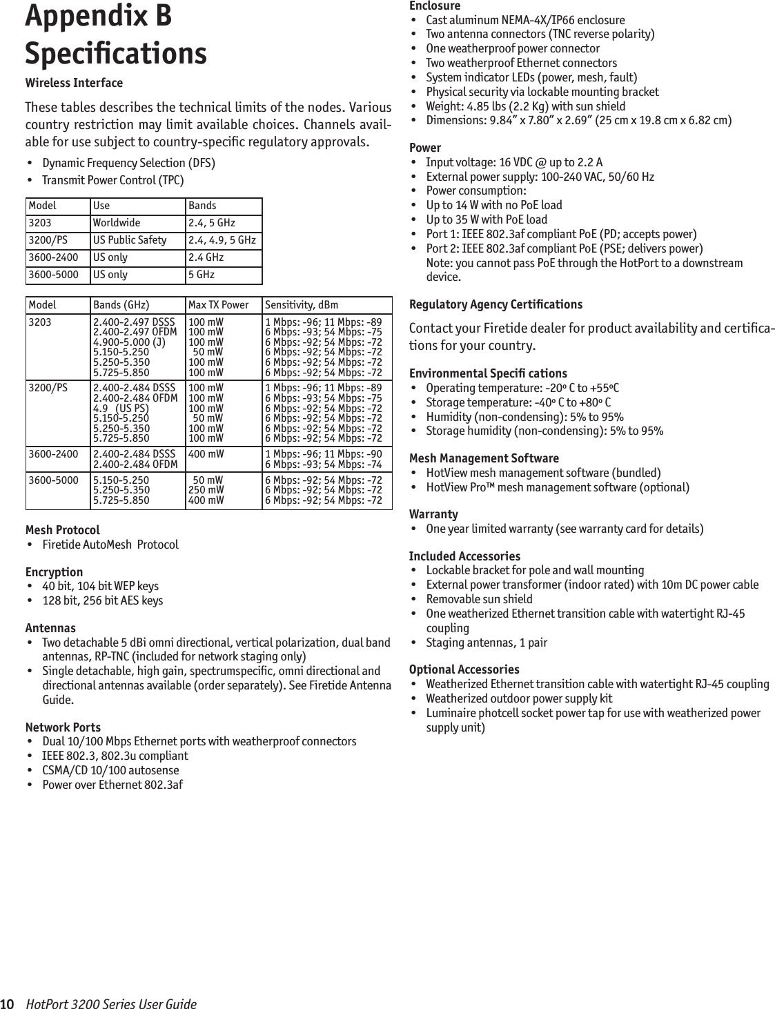 10    HotPort 3200 Series User GuideAppendix B  SpeciﬁcationsWireless InterfaceThese tables describes the technical limits of the nodes. Various country  restriction may limit available choices. Channels avail-able for use subject to country-speciﬁc regulatory approvals.•  Dynamic Frequency Selection (DFS)•  Transmit Power Control (TPC)Model Use Bands3203 Worldwide 2.4, 5 GHz3200/PS US Public Safety 2.4, 4.9, 5 GHz3600-2400 US only 2.4 GHz3600-5000 US only 5 GHzModel Bands (GHz) Max TX Power Sensitivity, dBm3203 2.400-2.497 DSSS2.400-2.497 OFDM4.900-5.000 (J)5.150-5.2505.250-5.3505.725-5.850100 mW100 mW100 mW  50 mW100 mW100 mW1 Mbps: -96; 11 Mbps: -896 Mbps: -93; 54 Mbps: -756 Mbps: -92; 54 Mbps: -726 Mbps: -92; 54 Mbps: -726 Mbps: -92; 54 Mbps: -726 Mbps: -92; 54 Mbps: -723200/PS 2.400-2.484 DSSS2.400-2.484 OFDM4.9   (US PS)5.150-5.2505.250-5.3505.725-5.850100 mW100 mW100 mW  50 mW100 mW100 mW1 Mbps: -96; 11 Mbps: -896 Mbps: -93; 54 Mbps: -756 Mbps: -92; 54 Mbps: -726 Mbps: -92; 54 Mbps: -726 Mbps: -92; 54 Mbps: -726 Mbps: -92; 54 Mbps: -723600-2400 2.400-2.484 DSSS2.400-2.484 OFDM 400 mW 1 Mbps: -96; 11 Mbps: -906 Mbps: -93; 54 Mbps: -743600-5000 5.150-5.2505.250-5.3505.725-5.850  50 mW250 mW400 mW6 Mbps: -92; 54 Mbps: -726 Mbps: -92; 54 Mbps: -726 Mbps: -92; 54 Mbps: -72Mesh Protocol•  Firetide AutoMesh  ProtocolEncryption•  40 bit, 104 bit WEP keys•  128 bit, 256 bit AES keysAntennas•   Two detachable 5 dBi omni directional, vertical polarization, dual band antennas, RP-TNC (included for network staging only)•   Single detachable, high gain, spectrumspeciﬁc, omni directional and directional antennas available (order separately). See Firetide Antenna Guide.Network Ports•   Dual 10/100 Mbps Ethernet ports with weatherproof connectors•   IEEE 802.3, 802.3u compliant•   CSMA/CD 10/100 autosense•   Power over Ethernet 802.3afEnclosure•   Cast aluminum NEMA-4X/IP66 enclosure•   Two antenna connectors (TNC reverse polarity)•   One weatherproof power connector•   Two weatherproof Ethernet connectors•   System indicator LEDs (power, mesh, fault)•   Physical security via lockable mounting bracket•   Weight: 4.85 lbs (2.2 Kg) with sun shield•   Dimensions: 9.84” x 7.80” x 2.69” (25 cm x 19.8 cm x 6.82 cm)Power•   Input voltage: 16 VDC @ up to 2.2 A•   External power supply: 100-240 VAC, 50/60 Hz•   Power consumption:•   Up to 14 W with no PoE load•   Up to 35 W with PoE load•   Port 1: IEEE 802.3af compliant PoE (PD; accepts power)•   Port 2: IEEE 802.3af compliant PoE (PSE; delivers power)  Note: you cannot pass PoE through the HotPort to a downstream device.Regulatory Agency CertiﬁcationsContact your Firetide dealer for product availability and certiﬁca-tions for your country.Environmental Speciﬁ cations•   Operating temperature: -20º C to +55ºC•   Storage temperature: -40º C to +80º C•   Humidity (non-condensing): 5% to 95%•   Storage humidity (non-condensing): 5% to 95%Mesh Management Software•   HotView mesh management software (bundled)•   HotView Pro™ mesh management software (optional)Warranty•   One year limited warranty (see warranty card for details)Included Accessories•   Lockable bracket for pole and wall mounting•   External power transformer (indoor rated) with 10m DC power cable•   Removable sun shield•   One weatherized Ethernet transition cable with watertight RJ-45 coupling•   Staging antennas, 1 pairOptional Accessories•   Weatherized Ethernet transition cable with watertight RJ-45 coupling•   Weatherized outdoor power supply kit•   Luminaire photcell socket power tap for use with weatherized power supply unit)