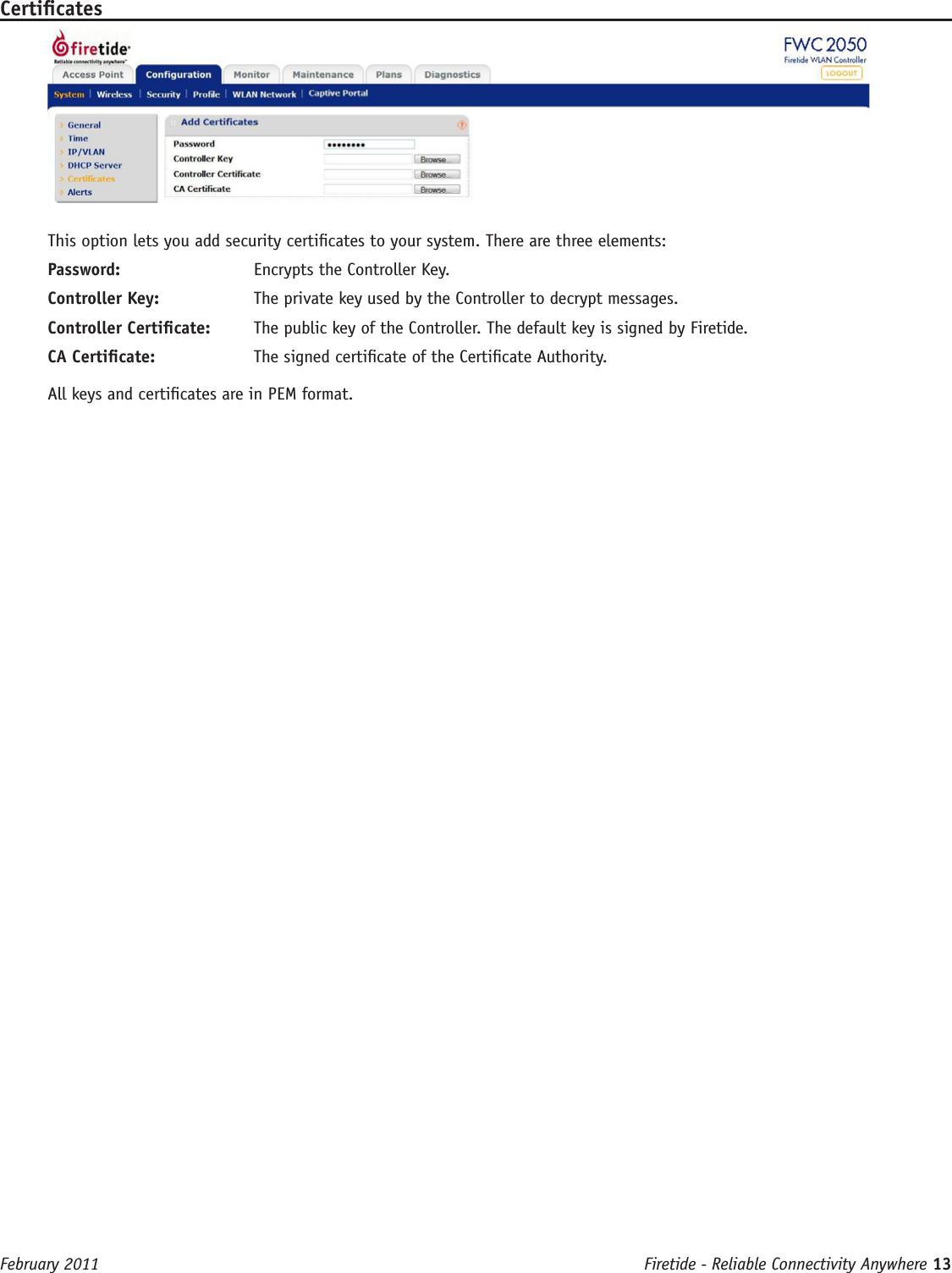 Firetide - Reliable Connectivity Anywhere 13 February 2011CerticatesThis option lets you add security certicates to your system. There are three elements:Password:  Encrypts the Controller Key.Controller Key:  The private key used by the Controller to decrypt messages.Controller Certicate:  The public key of the Controller. The default key is signed by Firetide.CA Certicate:  The signed certicate of the Certicate Authority.All keys and certicates are in PEM format. 