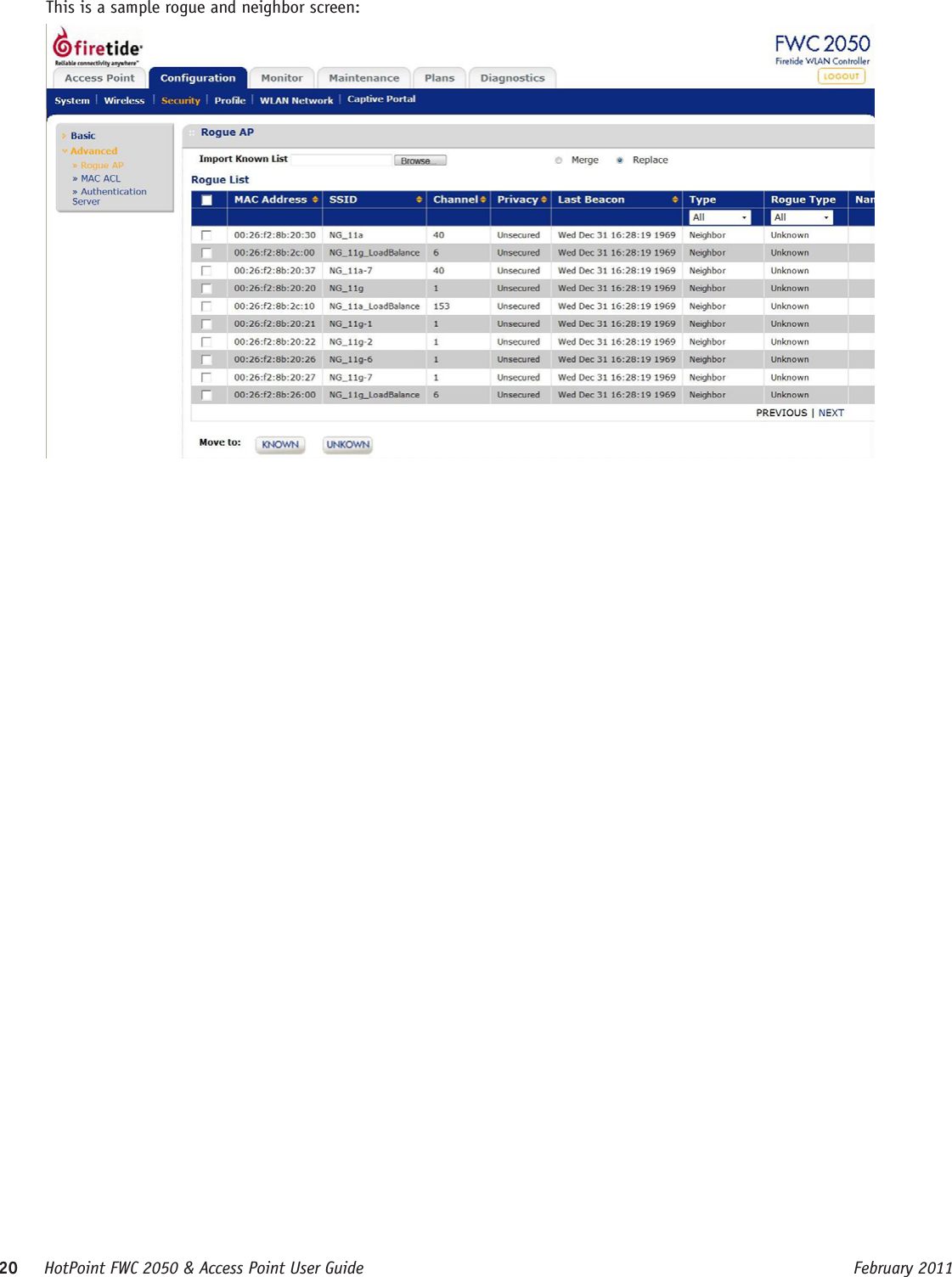 20     HotPoint FWC 2050 &amp; Access Point User Guide      February 2011This is a sample rogue and neighbor screen: