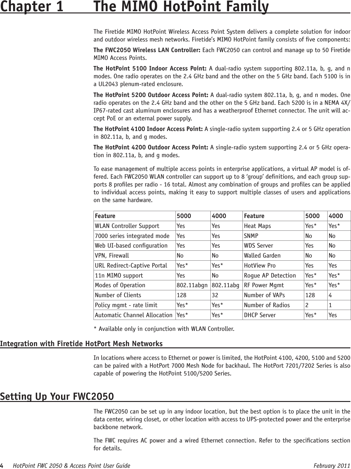 4     HotPoint FWC 2050 &amp; Access Point User Guide      February 2011Chapter 1  The MIMO HotPoint FamilyThe Firetide MIMO HotPoint Wireless Access Point System delivers a complete solution for indoor and outdoor wireless mesh networks. Firetide’s MIMO HotPoint family consists of ve components:The FWC2050 Wireless LAN Controller: Each FWC2050 can control and manage up to 50 Firetide MIMO Access Points.The HotPoint 5100 Indoor Access Point: A dual-radio system supporting 802.11a, b, g, and n modes. One radio operates on the 2.4 GHz band and the other on the 5 GHz band. Each 5100 is in a UL2043 plenum-rated enclosure.The HotPoint 5200 Outdoor Access Point: A dual-radio system 802.11a, b, g, and n modes. One radio operates on the 2.4 GHz band and the other on the 5 GHz band. Each 5200 is in a NEMA 4X/IP67-rated cast aluminum enclosures and has a weatherproof Ethernet connector. The unit will ac-cept PoE or an external power supply.The HotPoint 4100 Indoor Access Point: A single-radio system supporting 2.4 or 5 GHz operation in 802.11a, b, and g modes.The HotPoint 4200 Outdoor Access Point: A single-radio system supporting 2.4 or 5 GHz opera-tion in 802.11a, b, and g modes.To ease management of multiple access points in enterprise applications, a virtual AP model is of-fered. Each FWC2050 WLAN controller can support up to 8 ‘group’ denitions, and each group sup-ports 8 proles per radio - 16 total. Almost any combination of groups and proles can be applied to individual access points, making it easy to support multiple classes of users and applications on the same hardware.Feature 5000 4000 Feature 5000 4000WLAN Controller Support Yes Yes Heat Maps Yes* Yes*7000 series integrated mode Yes Yes SNMP No NoWeb UI-based conguration Yes Yes WDS Server Yes NoVPN, Firewall No No Walled Garden No NoURL Redirect-Captive Portal Yes* Yes* HotView Pro Yes Yes11n MIMO support Yes No Rogue AP Detection Yes* Yes*Modes of Operation 802.11abgn 802.11abg RF Power Mgmt Yes* Yes*Number of Clients 128 32 Number of VAPs 128 4Policy mgmt - rate limit Yes* Yes* Number of Radios 2 1Automatic Channel Allocation Yes* Yes* DHCP Server Yes* Yes* Available only in conjunction with WLAN Controller.Integration with Firetide HotPort Mesh NetworksIn locations where access to Ethernet or power is limited, the HotPoint 4100, 4200, 5100 and 5200 can be paired with a HotPort 7000 Mesh Node for backhaul. The HotPort 7201/7202 Series is also capable of powering the HotPoint 5100/5200 Series.Setting Up Your FWC2050The FWC2050 can be set up in any indoor location, but the best option is to place the unit in the data center, wiring closet, or other location with access to UPS-protected power and the enterprise backbone network.The FWC requires AC power and a wired Ethernet connection. Refer to the specications section for details.