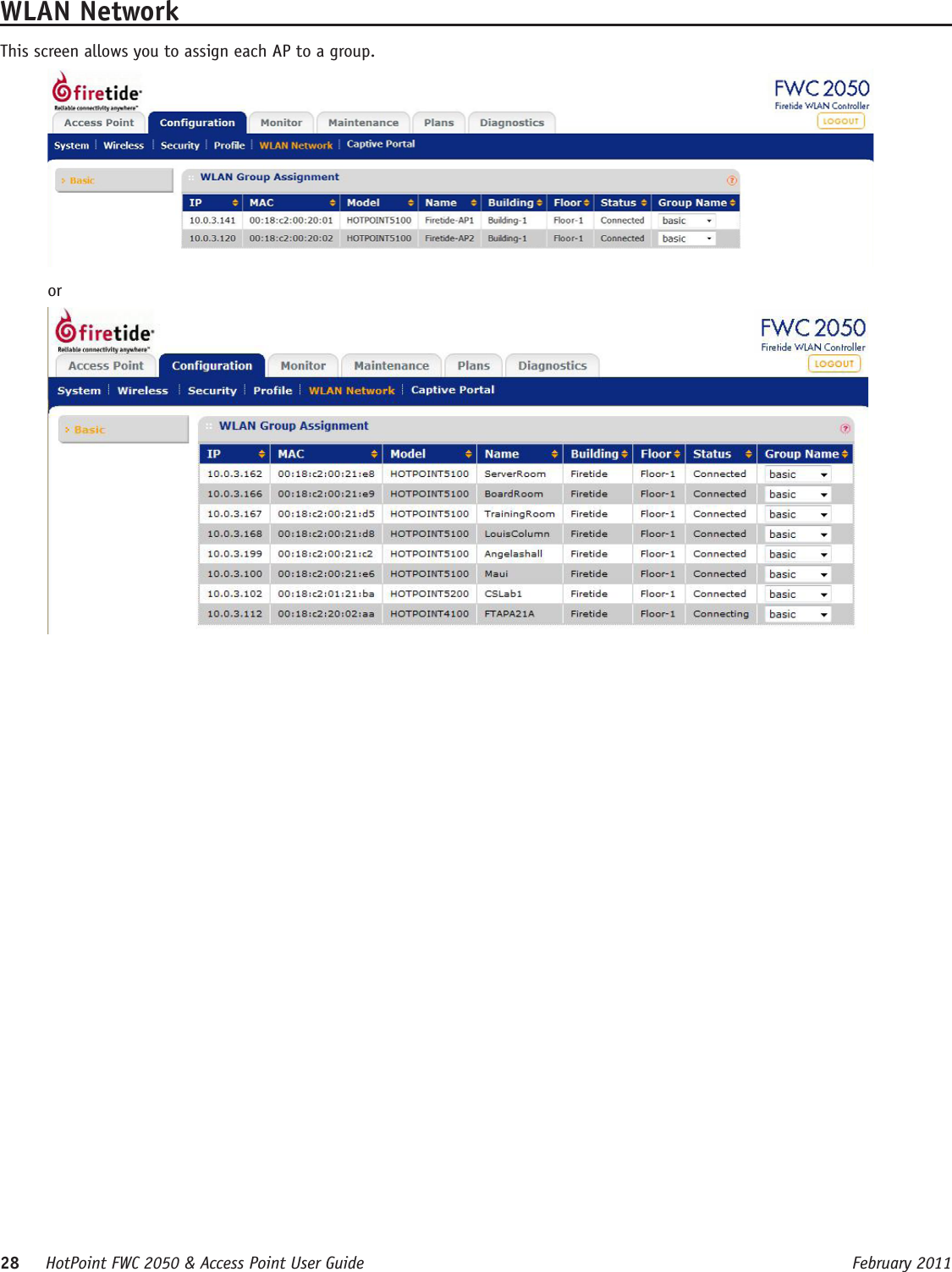28     HotPoint FWC 2050 &amp; Access Point User Guide      February 2011WLAN NetworkThis screen allows you to assign each AP to a group.or