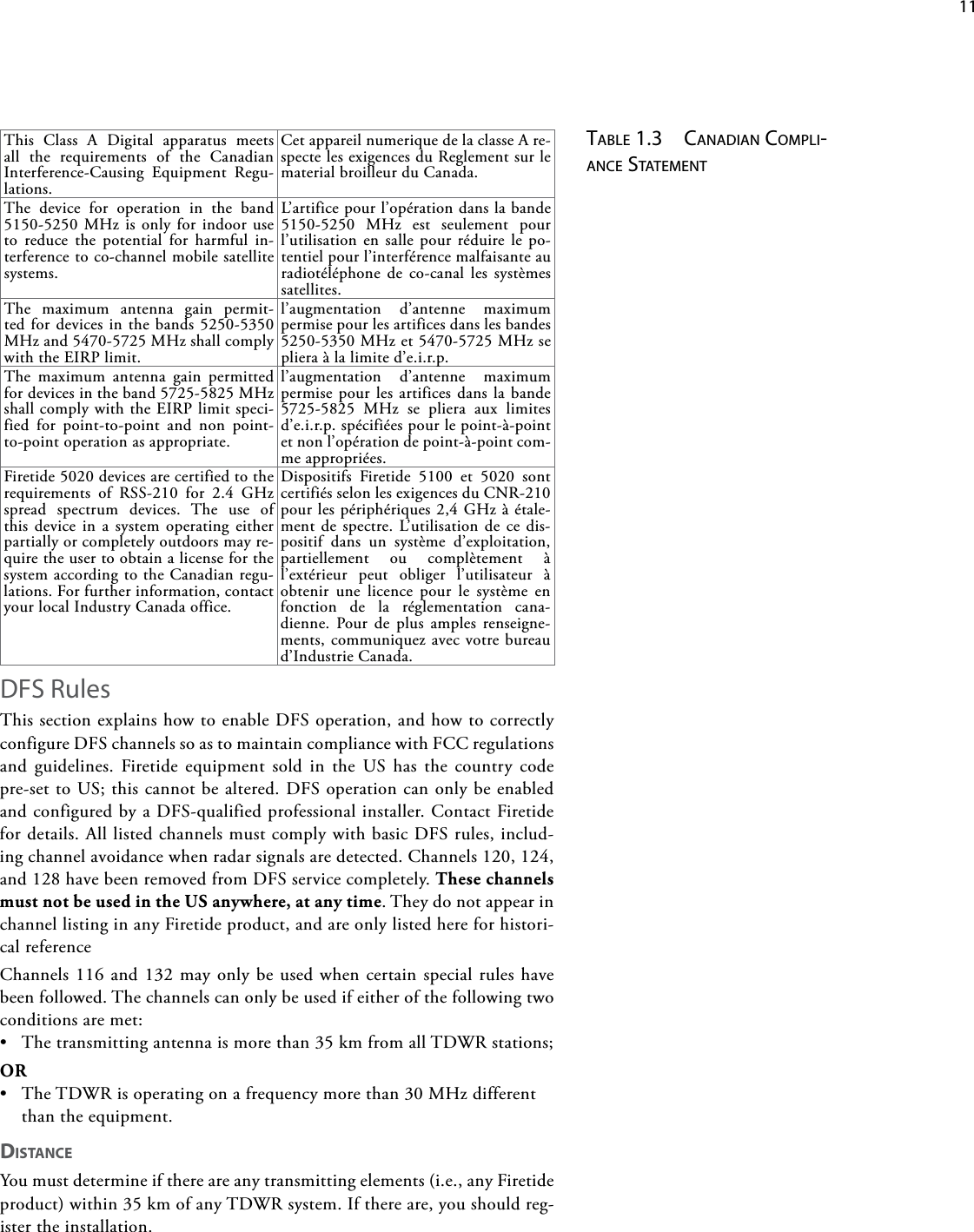    11This Class A Digital apparatus meetsall the requirements of the CanadianInterference-Causing Equipment Regu-lations.CetappareilnumeriquedelaclasseAre-spectelesexigencesduReglementsurlematerialbroilleurduCanada.The device for operation in the band5150-5250MHzisonlyforindooruseto reduce the potential for harmful in-terferencetoco-channelmobilesatellitesystems.L’artificepourl’opérationdanslabande5150-5250 MHz est seulement pourl’utilisationensallepourréduirelepo-tentielpourl’interférencemalfaisanteauradiotéléphone de co-canal les systèmessatellites.The maximum antenna gain permit-tedfordevicesinthebands5250-5350MHzand5470-5725MHzshallcomplywiththeEIRPlimit.l’augmentation d’antenne maximumpermisepourlesartificesdanslesbandes5250-5350MHzet5470-5725MHzseplieraàlalimited’e.i.r.p.The maximum antenna gain permittedfordevicesintheband5725-5825MHzshallcomplywiththeEIRPlimitspeci-fied for point-to-point and non point-to-pointoperationasappropriate.l’augmentation d’antenne maximumpermisepourlesartificesdanslabande5725-5825 MHz se pliera aux limitesd’e.i.r.p.spécifiéespourlepoint-à-pointetnonl’opérationdepoint-à-pointcom-meappropriées.Firetide5020devicesarecertifiedtotherequirements of RSS-210 for 2.4 GHzspread spectrum devices. The use ofthisdeviceinasystemoperatingeitherpartiallyorcompletelyoutdoorsmayre-quiretheusertoobtainalicenseforthesystemaccordingtotheCanadianregu-lations.Forfurtherinformation,contactyourlocalIndustryCanadaoffice.Dispositifs Firetide 5100 et 5020 sontcertifiésselonlesexigencesduCNR-210pourlespériphériques2,4GHzàétale-mentdespectre.L’utilisationdecedis-positif dans un système d’exploitation,partiellement ou complètement àl’extérieur peut obliger l’utilisateur àobtenir une licence pour le système enfonction de la réglementation cana-dienne. Pour de plus amples renseigne-ments,communiquezavecvotrebureaud’IndustrieCanada.table 1.3  canadian coMPli-ance stateMentDFS RulesThissectionexplainshowtoenableDFSoperation,andhowtocorrectlyconfigureDFSchannelssoastomaintaincompliancewithFCCregulationsand guidelines. Firetide equipment sold in the US has the country codepre-settoUS;thiscannotbealtered.DFSoperationcanonlybeenabledandconfiguredbyaDFS-qualifiedprofessionalinstaller.ContactFiretidefordetails.AlllistedchannelsmustcomplywithbasicDFSrules,includ-ingchannelavoidancewhenradarsignalsaredetected.Channels120,124,and128havebeenremovedfromDFSservicecompletely.These channels must not be used in the US anywhere, at any time.TheydonotappearinchannellistinginanyFiretideproduct,andareonlylistedhereforhistori-calreferenceChannels116and132mayonlybeusedwhencertainspecialruleshavebeenfollowed.Thechannelscanonlybeusedifeitherofthefollowingtwoconditionsaremet:• Thetransmittingantennaismorethan35kmfromallTDWRstations;OR• TheTDWRisoperatingonafrequencymorethan30MHzdifferentthantheequipment.DISTANCEYoumustdetermineifthereareanytransmittingelements(i.e.,anyFiretideproduct)within35kmofanyTDWRsystem.Ifthereare,youshouldreg-istertheinstallation.