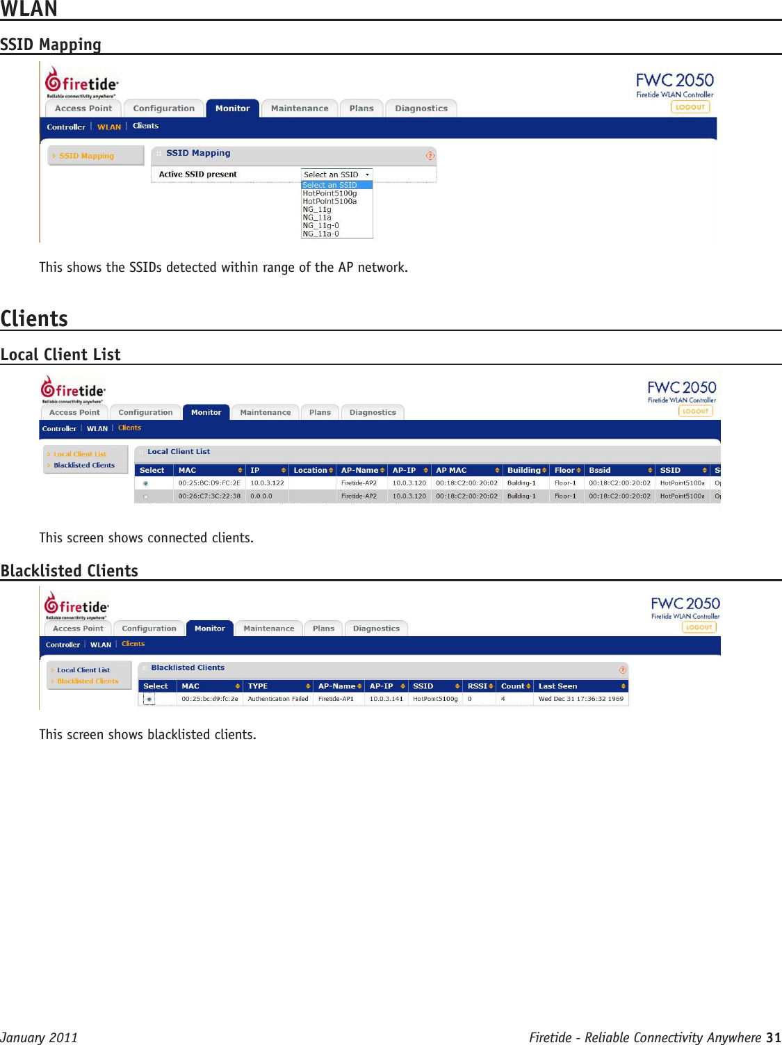 Firetide - Reliable Connectivity Anywhere 31 January 2011WLANSSID MappingThis shows the SSIDs detected within range of the AP network.ClientsLocal Client ListThis screen shows connected clients.Blacklisted ClientsThis screen shows blacklisted clients.