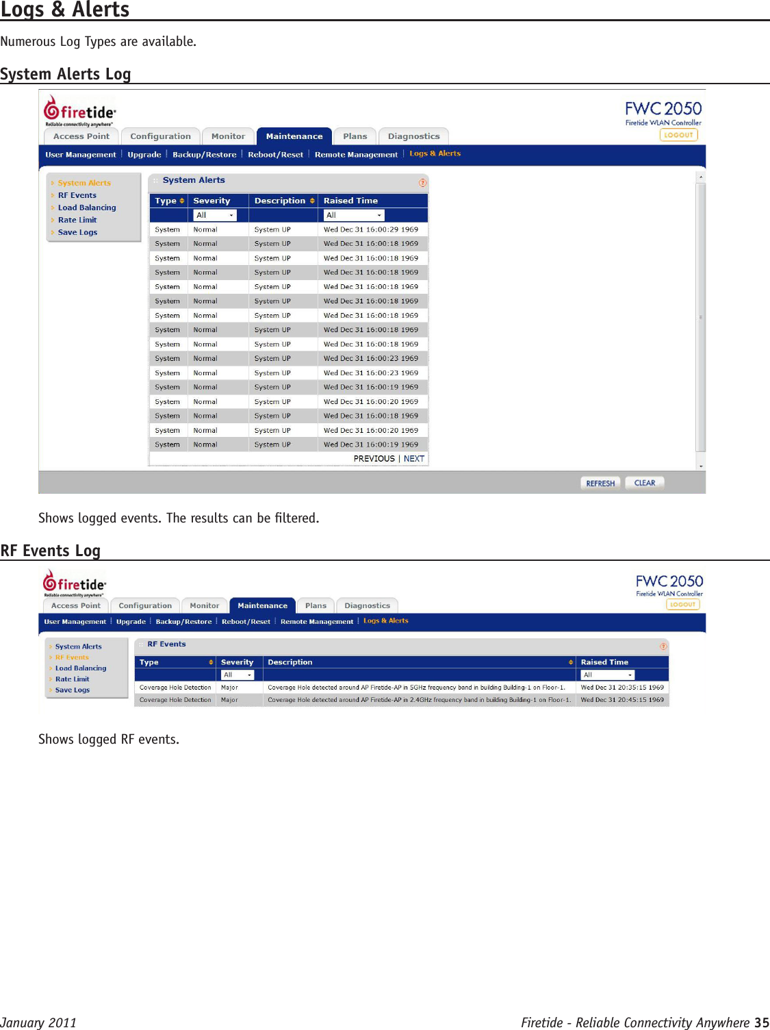 Firetide - Reliable Connectivity Anywhere 35 January 2011Logs &amp; AlertsNumerous Log Types are available.System Alerts LogShows logged events. The results can be ltered.RF Events LogShows logged RF events.