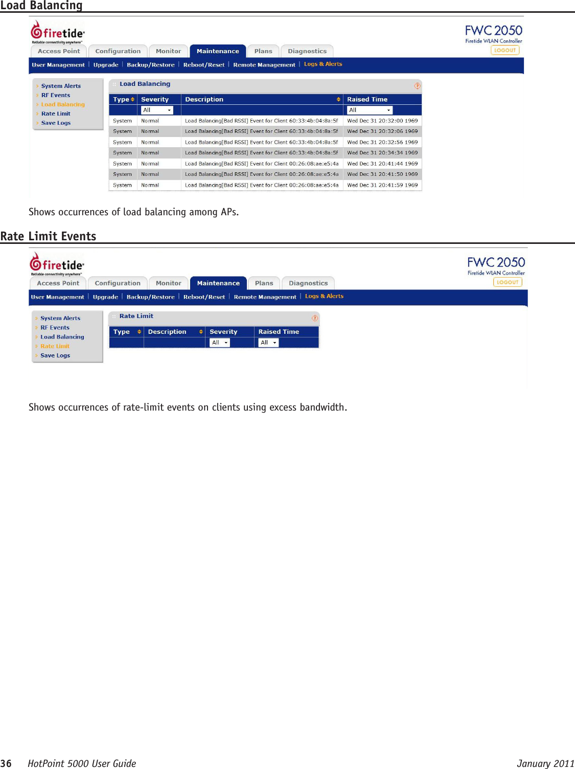 36     HotPoint 5000 User Guide      January 2011Load BalancingShows occurrences of load balancing among APs.Rate Limit EventsShows occurrences of rate-limit events on clients using excess bandwidth.