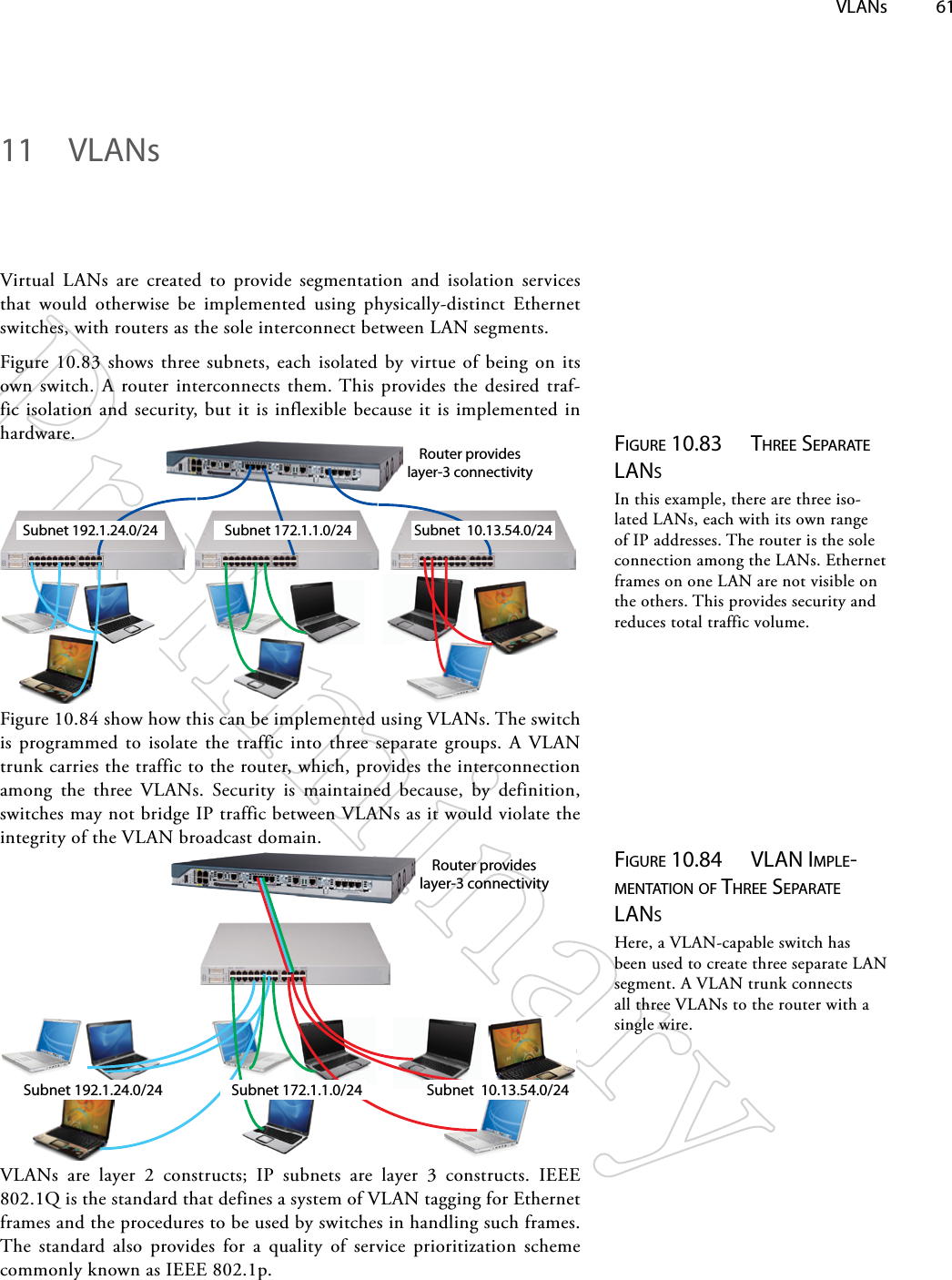  VLANs 6111  VLANsVirtual LANs are created to provide segmentation and isolation services that would otherwise be implemented using physically-distinct Ethernet switches, with routers as the sole interconnect between LAN segments.Figure 10.83 shows three subnets, each isolated by virtue of being on its own switch. A router interconnects them. This provides the desired traf-fic isolation and security, but it is inflexible because it is implemented in hardware.Subnet 192.1.24.0/24 Subnet  10.13.54.0/24Subnet 172.1.1.0/24Router provides layer-3 connectivityFigure 10.84 show how this can be implemented using VLANs. The switch is programmed to isolate the traffic into three separate groups. A VLAN trunk carries the traffic to the router, which, provides the interconnection among the three VLANs. Security is maintained because, by definition, switches may not bridge IP traffic between VLANs as it would violate the integrity of the VLAN broadcast domain.Figure 10.83  Three SepArATe lANSIn this example, there are three iso-lated LANs, each with its own range of IP addresses. The router is the sole connection among the LANs. Ethernet frames on one LAN are not visible on the others. This provides security and reduces total traffic volume.VLANs are layer 2 constructs; IP subnets are layer 3 constructs. IEEE 802.1Q is the standard that defines a system of VLAN tagging for Ethernet frames and the procedures to be used by switches in handling such frames. The standard also provides for a quality of service prioritization scheme commonly known as IEEE 802.1p.Subnet 192.1.24.0/24 Subnet  10.13.54.0/24Subnet 172.1.1.0/24Router provides layer-3 connectivityFigure 10.84  vlAN iMple-MeNTATioN oF Three SepArATe lANSHere, a VLAN-capable switch has been used to create three separate LAN segment. A VLAN trunk connects all three VLANs to the router with a single wire.