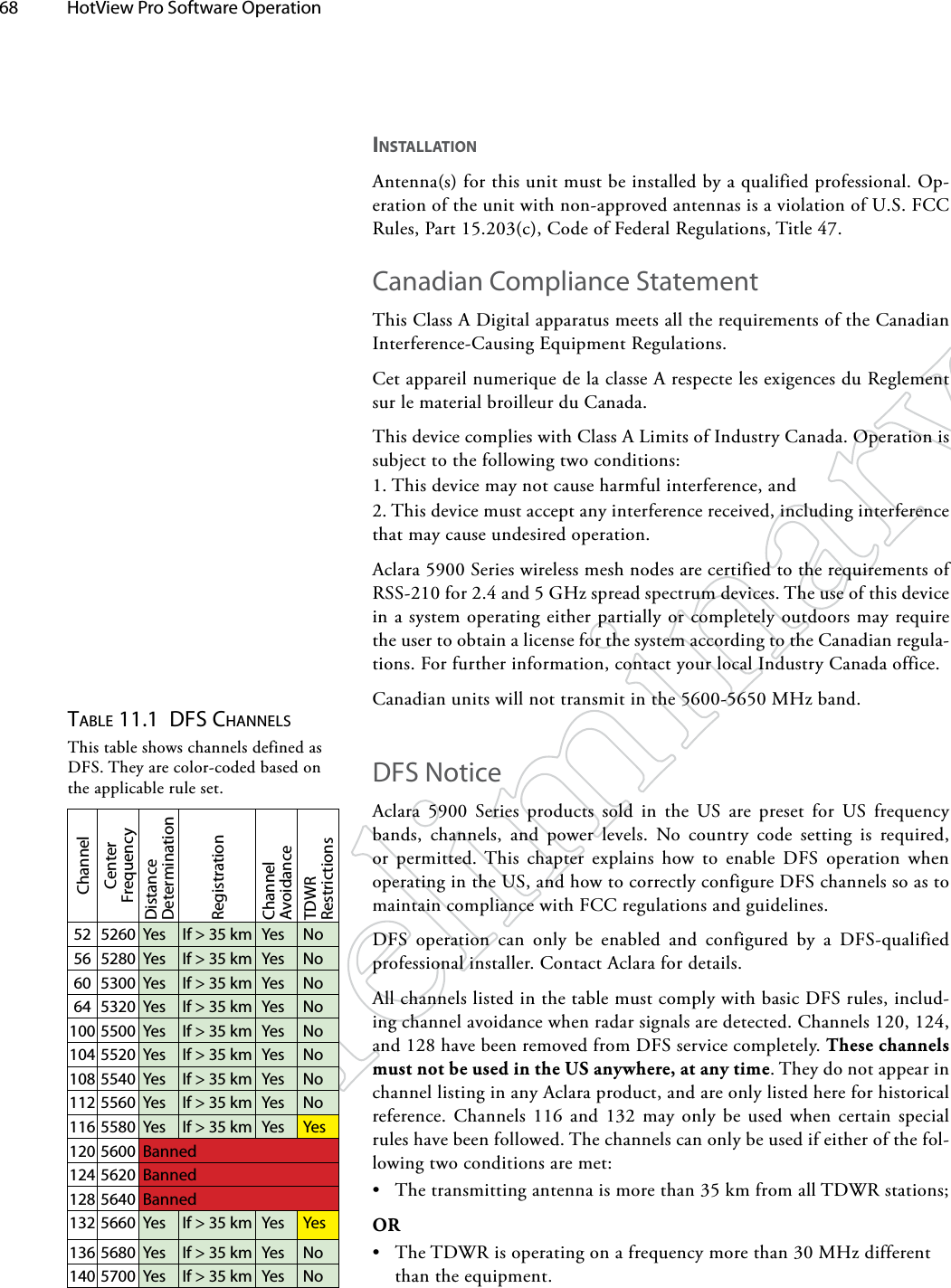 68  HotView Pro Software Operation iNSTAllATioN Antenna(s) for this unit must be installed by a qualified professional. Op-eration of the unit with non-approved antennas is a violation of U.S. FCC Rules, Part 15.203(c), Code of Federal Regulations, Title 47. Canadian Compliance Statement This Class A Digital apparatus meets all the requirements of the Canadian Interference-Causing Equipment Regulations. Cet appareil numerique de la classe A respecte les exigences du Reglement sur le material broilleur du Canada. This device complies with Class A Limits of Industry Canada. Operation is subject to the following two conditions: 1. This device may not cause harmful interference, and 2. This device must accept any interference received, including interference that may cause undesired operation. Aclara 5900 Series wireless mesh nodes are certified to the requirements of RSS-210 for 2.4 and 5 GHz spread spectrum devices. The use of this device in a system operating either partially or completely outdoors may require the user to obtain a license for the system according to the Canadian regula-tions. For further information, contact your local Industry Canada office.Canadian units will not transmit in the 5600-5650 MHz band.DFS NoticeAclara 5900 Series products sold in the US are preset for US frequency bands, channels, and power levels. No country code setting is required, or permitted. This chapter explains how to enable DFS operation when operating in the US, and how to correctly configure DFS channels so as to maintain compliance with FCC regulations and guidelines.DFS operation can only be enabled and configured by a DFS-qualified professional installer. Contact Aclara for details.All channels listed in the table must comply with basic DFS rules, includ-ing channel avoidance when radar signals are detected. Channels 120, 124, and 128 have been removed from DFS service completely. These channels must not be used in the US anywhere, at any time. They do not appear in channel listing in any Aclara product, and are only listed here for historical reference. Channels 116 and 132 may only be used when certain special rules have been followed. The channels can only be used if either of the fol-lowing two conditions are met:• The transmitting antenna is more than 35 km from all TDWR stations;OR• The TDWR is operating on a frequency more than 30 MHz different than the equipment.ChannelCenter  FrequencyDistance  DeterminationRegistrationChannel  AvoidanceTDWR  Restrictions52 5260 Yes If &gt; 35 km Yes No56 5280 Yes If &gt; 35 km Yes No60 5300 Yes If &gt; 35 km Yes No64 5320 Yes If &gt; 35 km Yes No100 5500 Yes If &gt; 35 km Yes No104 5520 Yes If &gt; 35 km Yes No108 5540 Yes If &gt; 35 km Yes No112 5560 Yes If &gt; 35 km Yes No116 5580 Yes If &gt; 35 km Yes Yes120 5600 Banned124 5620 Banned128 5640 Banned132 5660 Yes If &gt; 35 km Yes Yes136 5680 Yes If &gt; 35 km Yes No140 5700 Yes If &gt; 35 km Yes NoTAble 11.1  dFS chANNelSThis table shows channels defined as DFS. They are color-coded based on the applicable rule set.