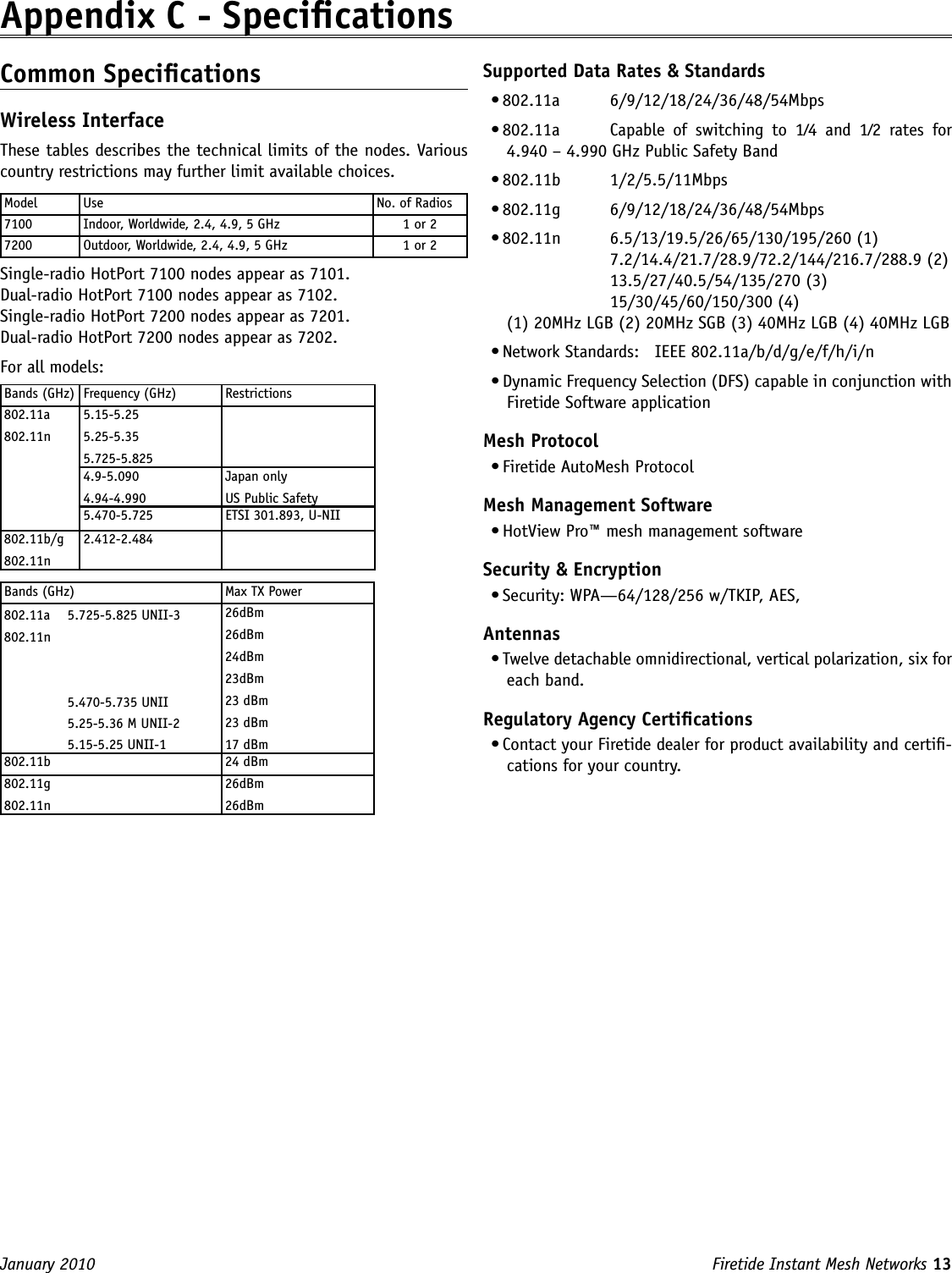 Firetide Instant Mesh Networks 13 January 2010 Appendix C - SpecicationsCommon SpecicationsWireless InterfaceThese tables describes the technical limits of the nodes. Various country restrictions may further limit available choices. Model Use No. of Radios7100 Indoor, Worldwide, 2.4, 4.9, 5 GHz 1 or 27200 Outdoor, Worldwide, 2.4, 4.9, 5 GHz 1 or 2Single-radio HotPort 7100 nodes appear as 7101. Dual-radio HotPort 7100 nodes appear as 7102.Single-radio HotPort 7200 nodes appear as 7201. Dual-radio HotPort 7200 nodes appear as 7202.For all models:Bands (GHz) Frequency (GHz) Restrictions802.11a802.11n5.15-5.255.25-5.355.725-5.8254.9-5.0904.94-4.990Japan onlyUS Public Safety5.470-5.725 ETSI 301.893, U-NII802.11b/g802.11n2.412-2.484Bands (GHz) Max TX Power802.11a  5.725-5.825 UNII-3802.11n    5.470-5.735 UNII    5.25-5.36 M UNII-2    5.15-5.25 UNII-126dBm26dBm24dBm23dBm23 dBm23 dBm17 dBm802.11b 24 dBm802.11g802.11n26dBm26dBmSupported Data Rates &amp; Standards• 802.11a  6/9/12/18/24/36/48/54Mbps • 802.11a  Capable  of  switching  to  1⁄4  and  1⁄2  rates  for 4.940 – 4.990 GHz Public Safety Band • 802.11b  1/2/5.5/11Mbps • 802.11g  6/9/12/18/24/36/48/54Mbps • 802.11n  6.5/13/19.5/26/65/130/195/260 (1)         7.2/14.4/21.7/28.9/72.2/144/216.7/288.9 (2)         13.5/27/40.5/54/135/270 (3)         15/30/45/60/150/300 (4) (1) 20MHz LGB (2) 20MHz SGB (3) 40MHz LGB (4) 40MHz LGB• Network Standards:   IEEE 802.11a/b/d/g/e/f/h/i/n • Dynamic Frequency Selection (DFS) capable in conjunction with Firetide Software application Mesh Protocol• Firetide AutoMesh ProtocolMesh Management Software• HotView Pro™ mesh management softwareSecurity &amp; Encryption• Security: WPA—64/128/256 w/TKIP, AES,Antennas• Twelve detachable omnidirectional, vertical polarization, six for each band.Regulatory Agency Certications• Contact your Firetide dealer for product availability and certi-cations for your country. 