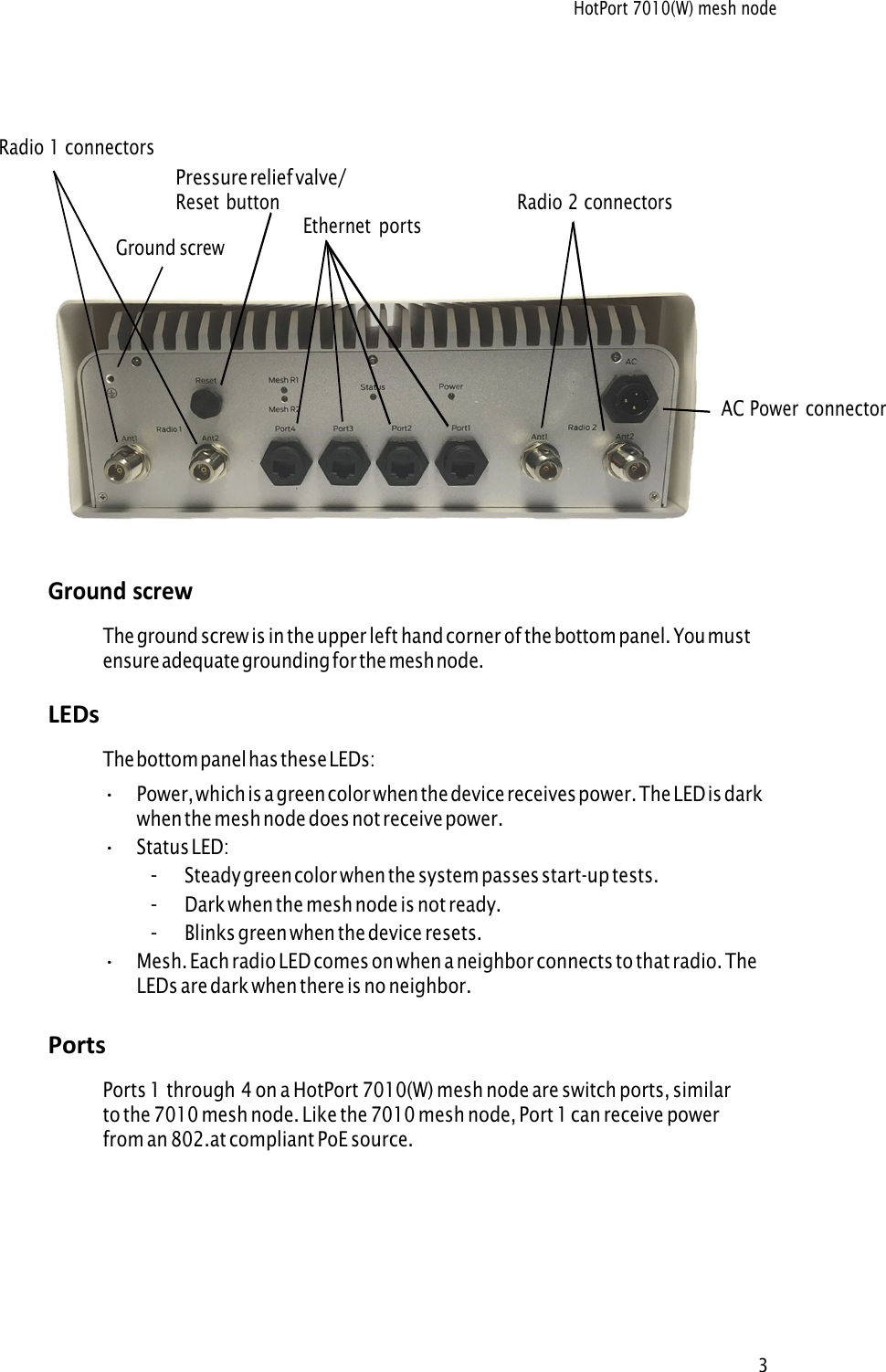 HotPort 7010(W) mesh node3 Radio 1 connectors G round screw AC Power connectorEthernet  ports Radio 2 connectors Pressure relief valve/ Reset button Ground screw The ground screw is in the upper left hand corner of the bottom panel. You must ensure adequate grounding for the mesh node. LEDs The bottom panel has these LEDs: •Power, which is a green color when the device receives power. The LED is darkwhen the mesh node does not receive power.•Status LED:-Steady green color when the system passes start-up tests.-Dark when the mesh node is not ready.-Blinks green when the device resets.•Mesh. Each radio LED comes on when a neighbor connects to that radio. TheLEDs  are dark when there is no neighbor.Ports Ports 1 through 4 on a HotPort 7010(W) mesh node are switch ports, similar  to the 7010 mesh node. Like the 7010 mesh node, Port 1 can receive power   from an 802.at compliant PoE source.  