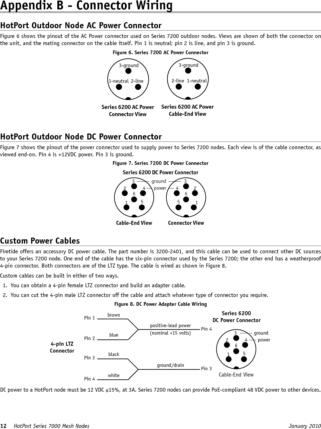 12    HotPort Series 7000 Mesh Nodes  January 2010 Appendix B - Connector WiringHotPort Outdoor Node AC Power ConnectorFigure 6 shows the pinout of the AC Power connector used on Series 7200 outdoor nodes. Views are shown of both the connector on the unit, and the mating connector on the cable itself. Pin 1 is neutral; pin 2 is line, and pin 3 is ground.Figure 6. Series 7200 AC Power Connector1-neutral2-line3-groundSeries 6200 AC Power Cable-End View1-neutral 2-line3-groundSeries 6200 AC Power Connector ViewHotPort Outdoor Node DC Power ConnectorFigure 7 shows the pinout of the power connector used to supply power to Series 7200 nodes. Each view is of the cable connector, as viewed end-on. Pin 4 is +12VDC power. Pin 3 is ground.Figure 7. Series 7200 DC Power Connector56123  -------  ground  -------   34 ---  power  ---  4Cable-End View 5612Connector View Series 6200 DC Power ConnectorCustom Power CablesFiretide offers an accessory DC power cable. The part number is 3200-2401, and this cable can be used to connect other DC sources to your Series 7200 node. One end of the cable has the six-pin connector used by the Series 7200; the other end has a weatherproof 4-pin connector. Both connectors are of the LTZ type. The cable is wired as shown in Figure 8.Custom cables can be built in either of two ways. 1.  You can obtain a 4-pin female LTZ connector and build an adapter cable.2.  You can cut the 4-pin male LTZ connector off the cable and attach whatever type of connector you require. Figure 8. DC Power Adapter Cable Wiringbrownblueblackwhitepositive-lead power(nominal +15 volts)ground/drainPin 1Pin 2Pin 3Pin 4Pin 4Pin 34-pin LTZConnectorSeries 6200DC Power Connector56123  ------- ground4 ---- powerCable-End View DC power to a HotPort node must be 12 VDC ±15%, at 3A. Series 7200 nodes can provide PoE-compliant 48 VDC power to other devices.
