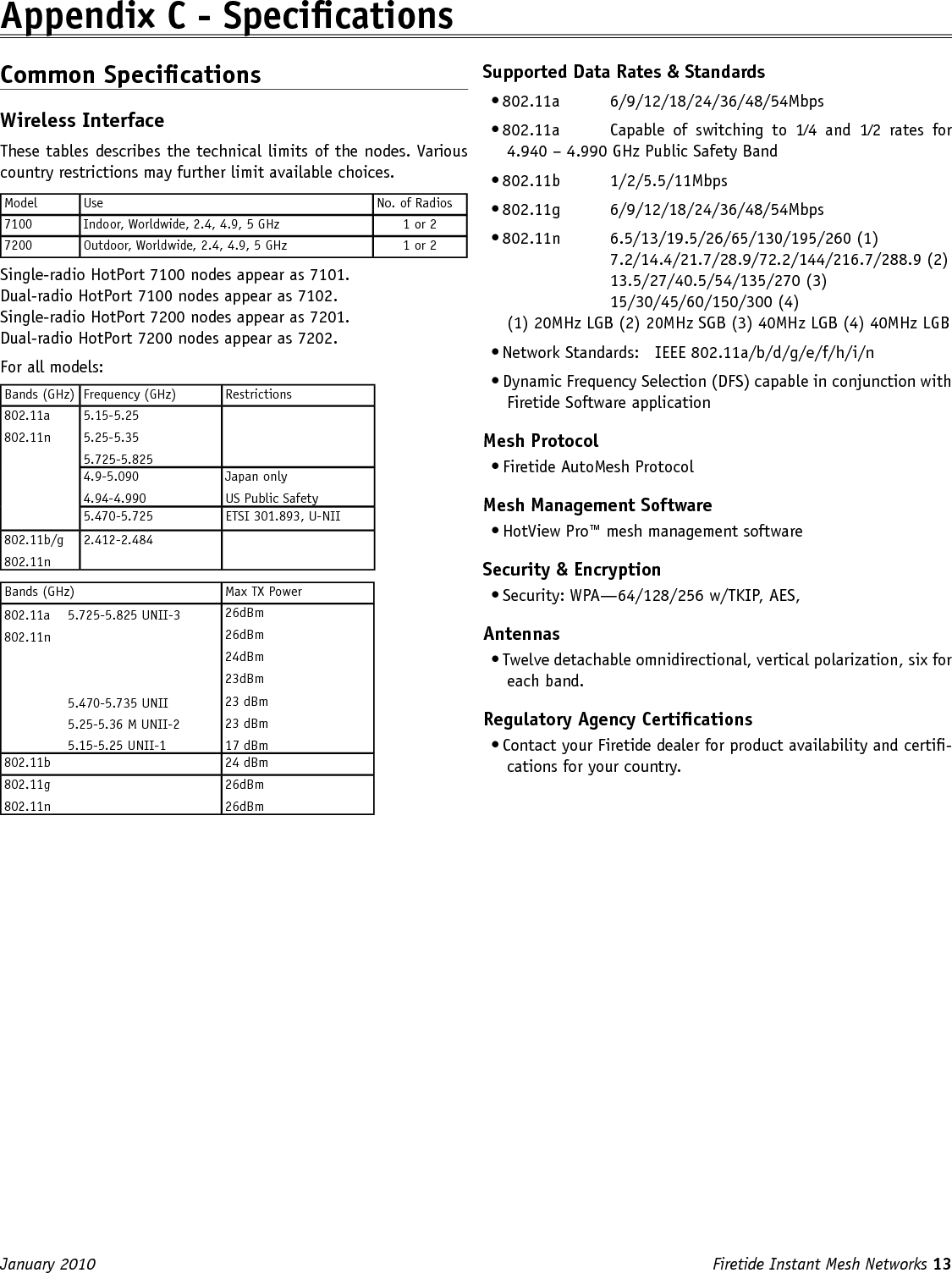 Firetide Instant Mesh Networks 13 January 2010 Appendix C - SpecicationsCommon SpecicationsWireless InterfaceThese tables describes the technical limits of the nodes. Various country restrictions may further limit available choices. Model Use No. of Radios7100 Indoor, Worldwide, 2.4, 4.9, 5 GHz 1 or 27200 Outdoor, Worldwide, 2.4, 4.9, 5 GHz 1 or 2Single-radio HotPort 7100 nodes appear as 7101. Dual-radio HotPort 7100 nodes appear as 7102.Single-radio HotPort 7200 nodes appear as 7201. Dual-radio HotPort 7200 nodes appear as 7202.For all models:Bands (GHz) Frequency (GHz) Restrictions802.11a802.11n5.15-5.255.25-5.355.725-5.8254.9-5.0904.94-4.990Japan onlyUS Public Safety5.470-5.725 ETSI 301.893, U-NII802.11b/g802.11n2.412-2.484Bands (GHz) Max TX Power802.11a  5.725-5.825 UNII-3802.11n    5.470-5.735 UNII    5.25-5.36 M UNII-2    5.15-5.25 UNII-126dBm26dBm24dBm23dBm23 dBm23 dBm17 dBm802.11b 24 dBm802.11g802.11n26dBm26dBmSupported Data Rates &amp; Standards• 802.11a  6/9/12/18/24/36/48/54Mbps • 802.11a  Capable  of  switching  to  1⁄4  and  1⁄2  rates  for 4.940 – 4.990 GHz Public Safety Band • 802.11b  1/2/5.5/11Mbps • 802.11g  6/9/12/18/24/36/48/54Mbps • 802.11n  6.5/13/19.5/26/65/130/195/260 (1)         7.2/14.4/21.7/28.9/72.2/144/216.7/288.9 (2)         13.5/27/40.5/54/135/270 (3)         15/30/45/60/150/300 (4) (1) 20MHz LGB (2) 20MHz SGB (3) 40MHz LGB (4) 40MHz LGB• Network Standards:   IEEE 802.11a/b/d/g/e/f/h/i/n • Dynamic Frequency Selection (DFS) capable in conjunction with Firetide Software application Mesh Protocol• Firetide AutoMesh ProtocolMesh Management Software• HotView Pro™ mesh management softwareSecurity &amp; Encryption• Security: WPA—64/128/256 w/TKIP, AES,Antennas• Twelve detachable omnidirectional, vertical polarization, six for each band.Regulatory Agency Certications• Contact your Firetide dealer for product availability and certi-cations for your country. 