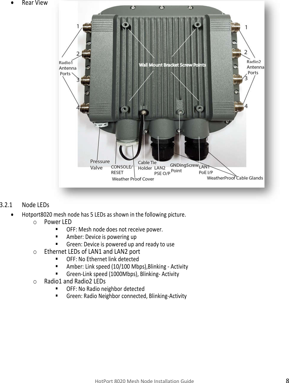    HotPort 8020 Mesh Node Installation Guide  8       Rear View                              3.2.1 Node LEDs  Hotport8020 mesh node has 5 LEDs as shown in the following picture. o Power LED  OFF: Mesh node does not receive power.   Amber: Device is powering up  Green: Device is powered up and ready to use o Ethernet LEDs of LAN1 and LAN2 port  OFF: No Ethernet link detected  Amber: Link speed (10/100 Mbps),Blinking - Activity     Green-Link speed (1000Mbps), Blinking- Activity o Radio1 and Radio2 LEDs  OFF: No Radio neighbor detected  Green: Radio Neighbor connected, Blinking-Activity     