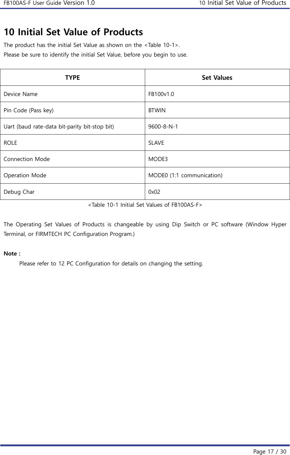 FB100AS-F User Guide Version 1.0 10 Initial Set Value of Products   Page 17 / 30  10 Initial Set Value of Products The product has the initial Set Value as shown on the &lt;Table 10-1&gt;. Please be sure to identify the initial Set Value, before you begin to use.  TYPE Set Values Device Name FB100v1.0 Pin Code (Pass key) BTWIN Uart (baud rate-data bit-parity bit-stop bit) 9600-8-N-1 ROLE SLAVE Connection Mode MODE3 Operation Mode MODE0 (1:1 communication) Debug Char 0x02 &lt;Table 10-1 Initial Set Values of FB100AS-F&gt;  The  Operating  Set  Values  of  Products  is  changeable  by  using  Dip  Switch  or  PC  software  (Window  Hyper Terminal, or FIRMTECH PC Configuration Program.)  Note : Please refer to 12 PC Configuration for details on changing the setting.     