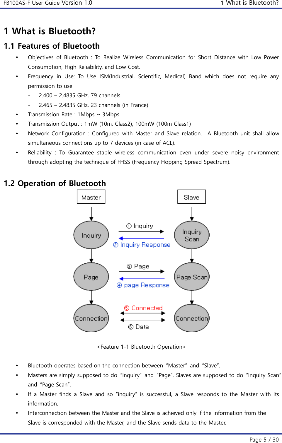 FB100AS-F User Guide Version 1.0 1 What is Bluetooth?   Page 5 / 30  1 What is Bluetooth? 1.1 Features of Bluetooth  Objectives  of  Bluetooth  :  To  Realize  Wireless  Communication  for  Short  Distance  with  Low  Power Consumption, High Reliability, and Low Cost.  Frequency  in  Use:  To  Use  ISM(Industrial,  Scientific,  Medical)  Band  which  does  not  require  any permission to use. - 2.400 – 2.4835 GHz, 79 channels - 2.465 – 2.4835 GHz, 23 channels (in France)  Transmission Rate : 1Mbps ~ 3Mbps  Transmission Output : 1mW (10m, Class2), 100mW (100m Class1)  Network Configuration : Configured with Master and Slave relation.    A Bluetooth unit shall  allow simultaneous connections up to 7 devices (in case of ACL).  Reliability  :  To  Guarantee  stable  wireless  communication  even  under  severe  noisy  environment through adopting the technique of FHSS (Frequency Hopping Spread Spectrum).  1.2 Operation of Bluetooth   &lt;Feature 1-1 Bluetooth Operation&gt;   Bluetooth operates based on the connection between  “Master”  and  “Slave”.  Masters are simply supposed to do  “Inquiry”  and  “Page”. Slaves are supposed to do  “Inquiry Scan” and  “Page Scan”.  If  a  Master  finds  a  Slave  and  so  “inquiry”  is  successful,  a  Slave  responds  to  the  Master  with  its information.  Interconnection between the Master and the Slave is achieved only if the information from the Slave is corresponded with the Master, and the Slave sends data to the Master.   