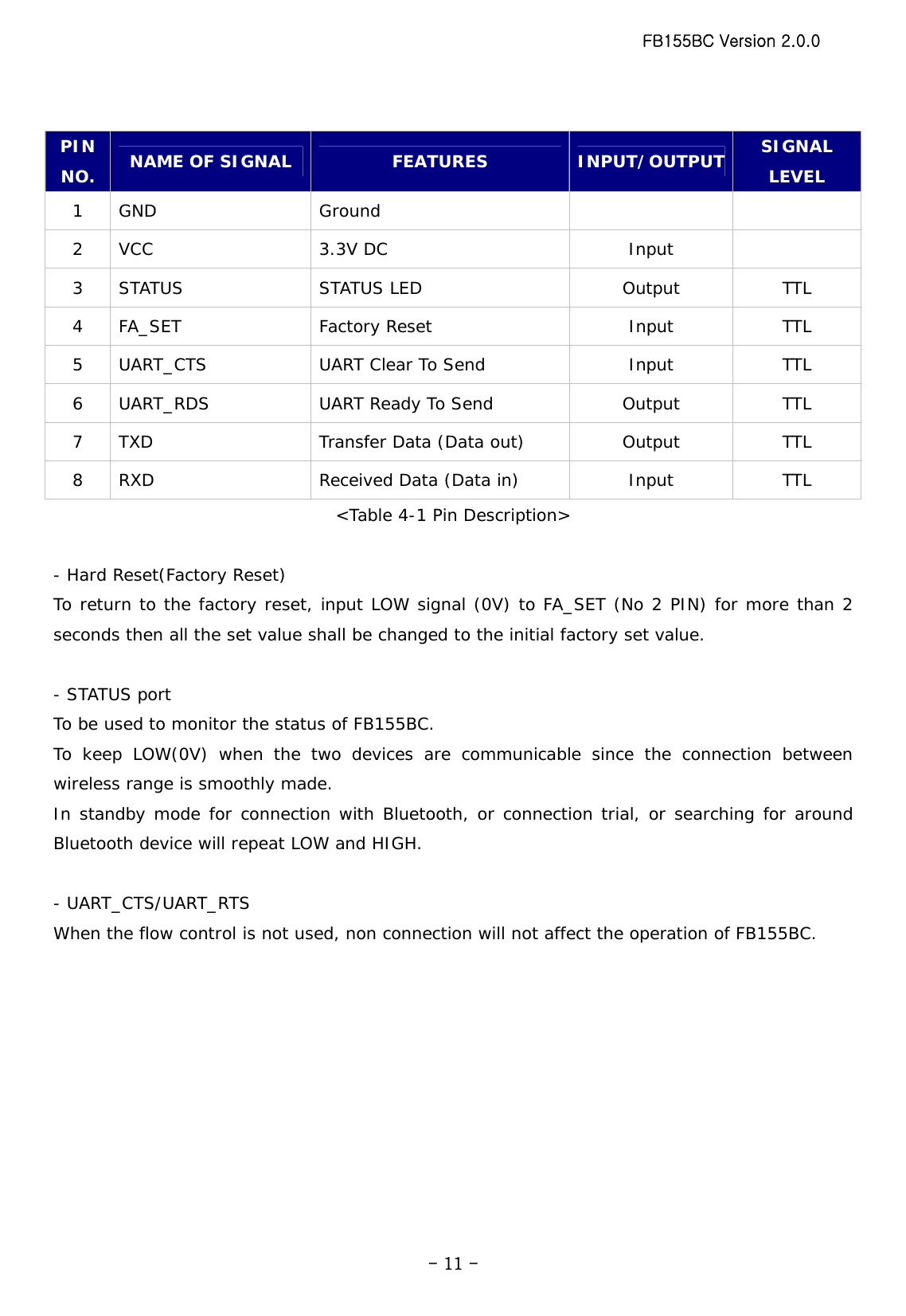 FB155BC Version 2.0.0  - 11 - PIN NO.  NAME OF SIGNAL  FEATURES  INPUT/OUTPUT  SIGNAL LEVEL 1 GND  Ground     2 VCC  3.3V DC  Input   3 STATUS  STATUS LED  Output  TTL 4 FA_SET  Factory Reset  Input  TTL 5  UART_CTS  UART Clear To Send  Input  TTL 6  UART_RDS  UART Ready To Send  Output  TTL 7  TXD  Transfer Data (Data out)  Output  TTL 8  RXD  Received Data (Data in)  Input  TTL &lt;Table 4-1 Pin Description&gt;  - Hard Reset(Factory Reset) To return to the factory reset, input LOW signal (0V) to FA_SET (No 2 PIN) for more than 2 seconds then all the set value shall be changed to the initial factory set value.  - STATUS port To be used to monitor the status of FB155BC. To keep LOW(0V) when the two devices are communicable since the connection between wireless range is smoothly made. In standby mode for connection with Bluetooth, or connection trial, or searching for around Bluetooth device will repeat LOW and HIGH.  - UART_CTS/UART_RTS When the flow control is not used, non connection will not affect the operation of FB155BC.   