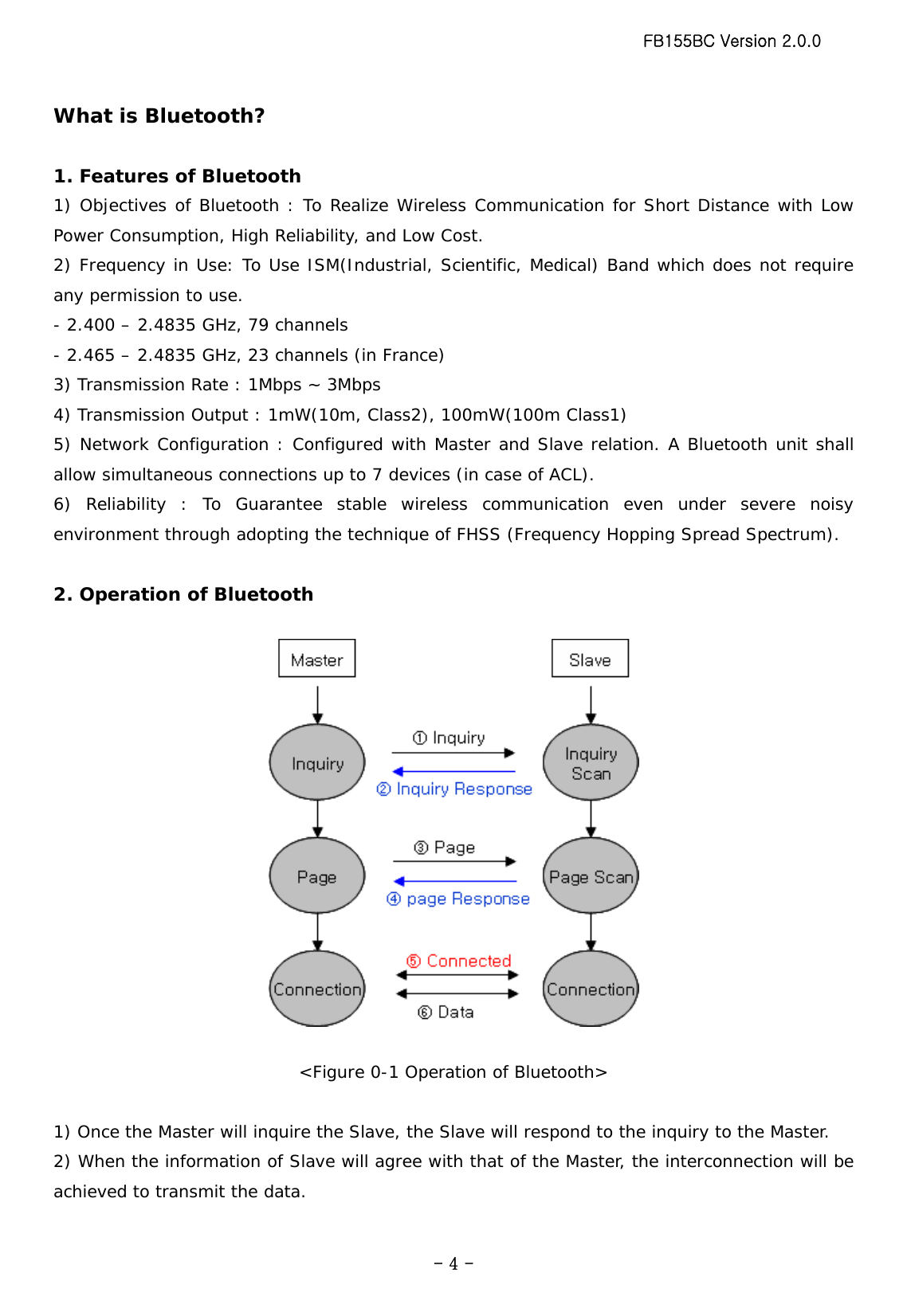 FB155BC Version 2.0.0  - 4 -What is Bluetooth?  1. Features of Bluetooth 1) Objectives of Bluetooth : To Realize Wireless Communication for Short Distance with Low Power Consumption, High Reliability, and Low Cost. 2) Frequency in Use: To Use ISM(Industrial, Scientific, Medical) Band which does not require any permission to use. - 2.400 – 2.4835 GHz, 79 channels - 2.465 – 2.4835 GHz, 23 channels (in France) 3) Transmission Rate : 1Mbps ~ 3Mbps 4) Transmission Output : 1mW(10m, Class2), 100mW(100m Class1) 5) Network Configuration : Configured with Master and Slave relation. A Bluetooth unit shall allow simultaneous connections up to 7 devices (in case of ACL). 6) Reliability : To Guarantee stable wireless communication even under severe noisy environment through adopting the technique of FHSS (Frequency Hopping Spread Spectrum).  2. Operation of Bluetooth    &lt;Figure 0-1 Operation of Bluetooth&gt;  1) Once the Master will inquire the Slave, the Slave will respond to the inquiry to the Master.  2) When the information of Slave will agree with that of the Master, the interconnection will be achieved to transmit the data.  
