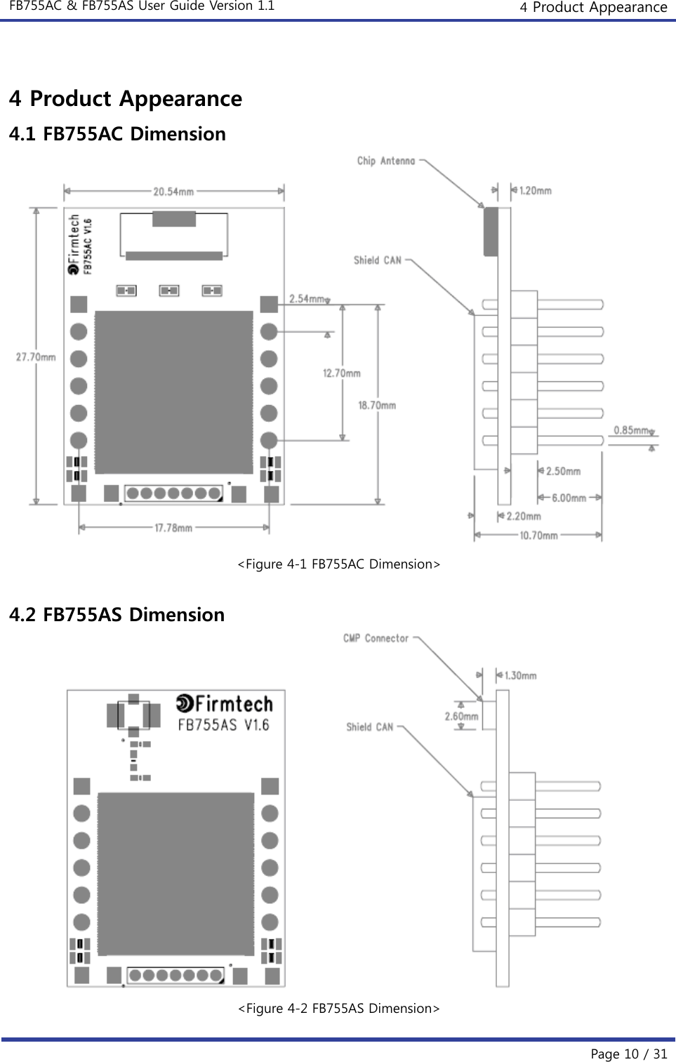 FB755AC &amp; FB755AS User Guide Version 1.1  4 Product Appearance  Page 10 / 31  4 Product Appearance 4.1 FB755AC Dimension  &lt;Figure 4-1 FB755AC Dimension&gt;  4.2 FB755AS Dimension  &lt;Figure 4-2 FB755AS Dimension&gt; 