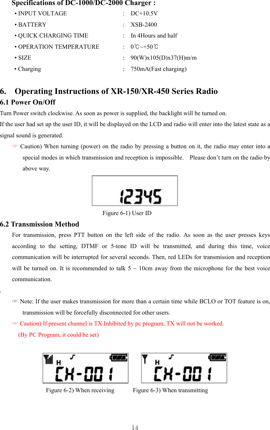  14Specifications of DC-1000/DC-2000 Charger : • INPUT VOLTAGE                :  DC+10.5V • BATTERY                  :  XSB-2400 • QUICK CHARGING TIME              :    In 4Hours and half • OPERATION TEMPERATURE      :    0℃~+50℃  • SIZE                        :  90(W)x105(D)x37(H)m/m • Charging     :  750mA(Fast charging)  6.  Operating Instructions of XR-150/XR-450 Series Radio 6.1 Power On/Off Turn Power switch clockwise. As soon as power is supplied, the backlight will be turned on.   If the user had set up the user ID, it will be displayed on the LCD and radio will enter into the latest state as a signal sound is generated. ☞ Caution) When turning (power) on the radio by pressing a button on it, the radio may enter into a special modes in which transmission and reception is impossible.    Please don’t turn on the radio by above way.    Figure 6-1) User ID 6.2 Transmission Method For transmission, press PTT button on the left side of the radio. As soon as the user presses keys according to the setting, DTMF or 5-tone ID will be transmitted, and during this time, voice communication will be interrupted for several seconds. Then, red LEDs for transmission and reception will be turned on. It is recommended to talk 5 ~ 10cm away from the microphone for the best voice communication.   . ☞ Note: If the user makes transmission for more than a certain time while BCLO or TOT feature is on, transmission will be forcefully disconnected for other users.   ☞ Caution) If present channel is TX Inhibited by pc program, TX will not be worked.   (By PC Program, it could be set)          Figure 6-2) When receiving            Figure 6-3) When transmitting  