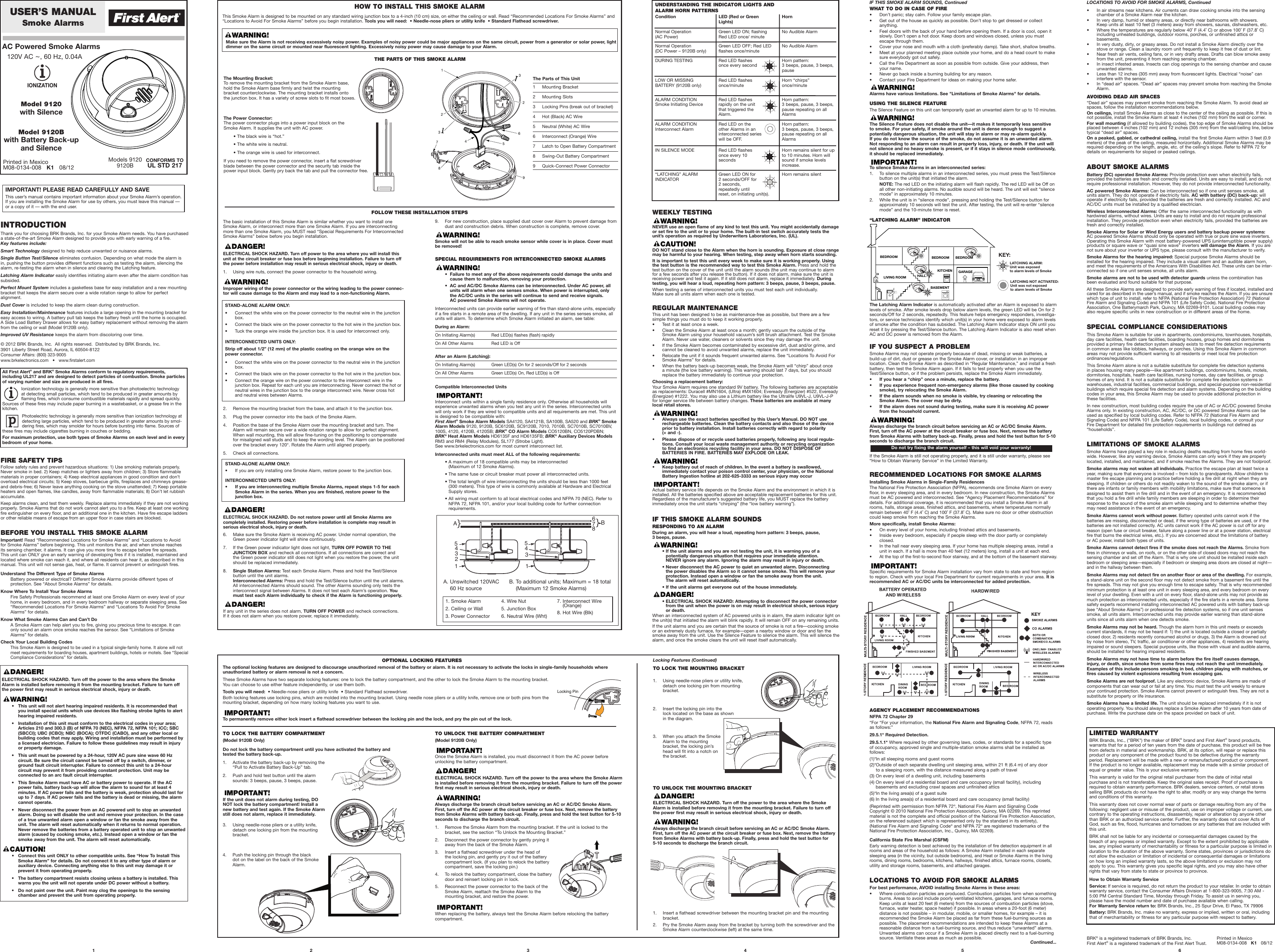 First Alert 120V Ac Smoke Alarm With Battery Backup Users Manual 9120,9120B