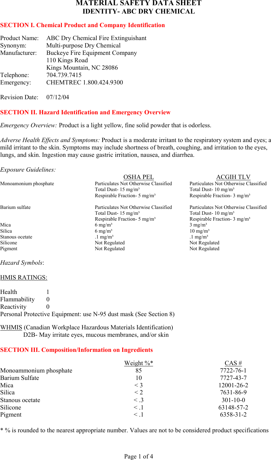 Page 1 of 4 - First-Alert First-Alert-20-A-120-B-C-Commercial-Grade-Msds- SECTION I  First-alert-20-a-120-b-c-commercial-grade-msds