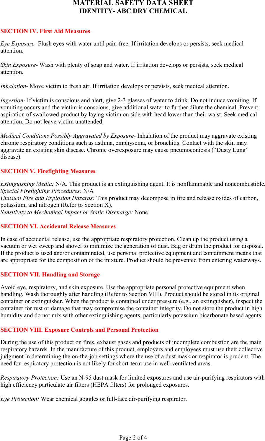 Page 2 of 4 - First-Alert First-Alert-20-A-120-B-C-Commercial-Grade-Msds- SECTION I  First-alert-20-a-120-b-c-commercial-grade-msds